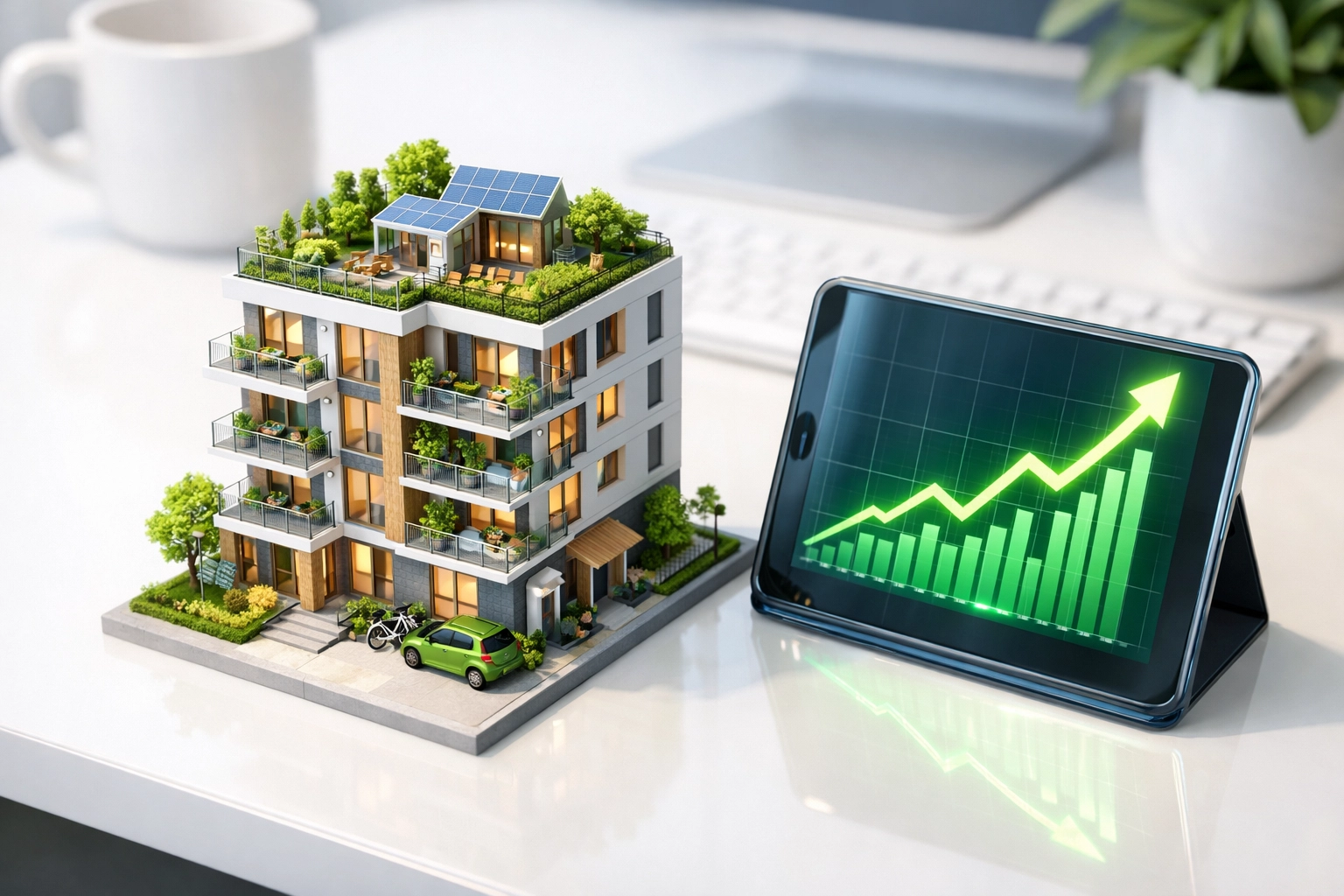 Miniature apartment building next to a tablet showing real estate investment growth for REITs.