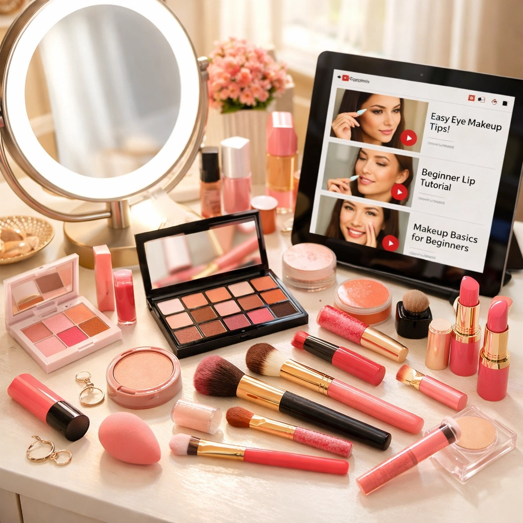 Makeup vanity with beginner cosmetics and tutorials for crossdressers practicing at home