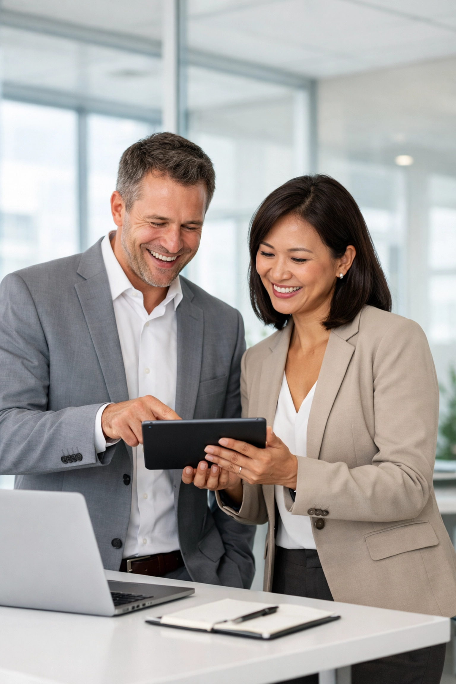 Tax business partners collaborating on due diligence and audit protection in a professional office.