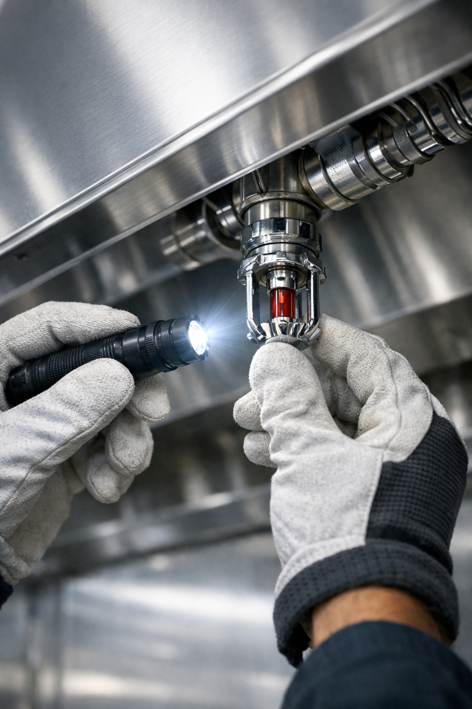 Professional inspection of restaurant fire suppression equipment to maintain property insurance coverage.