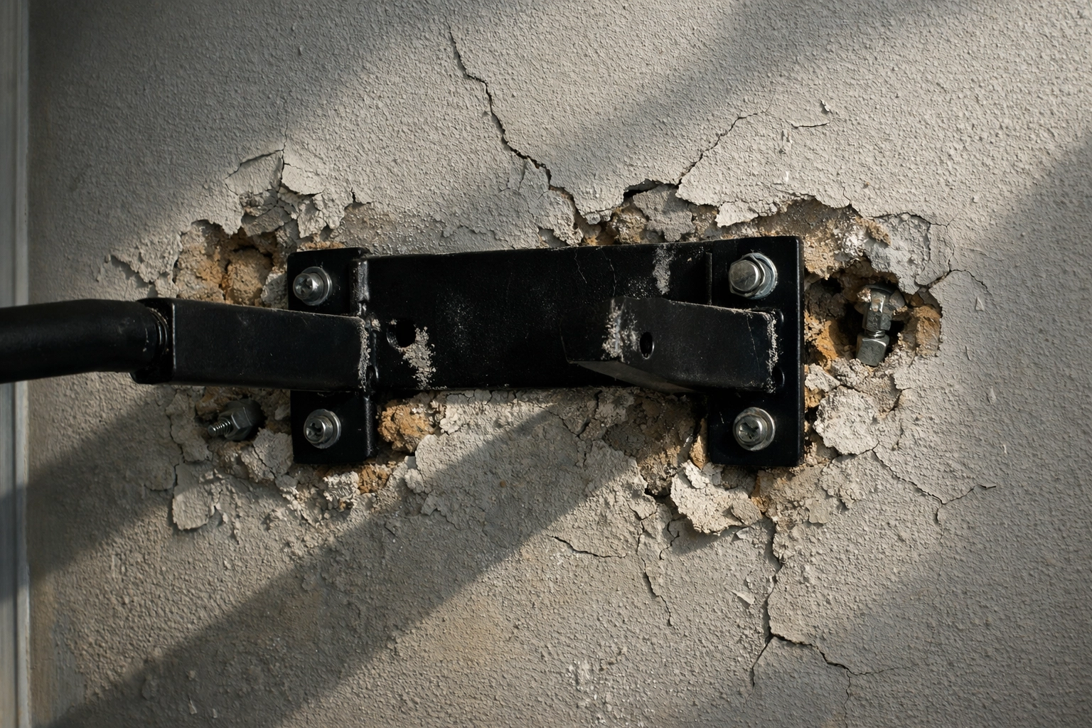 Damaged drywall and cracked wall from poorly installed pull-up bar in home gym