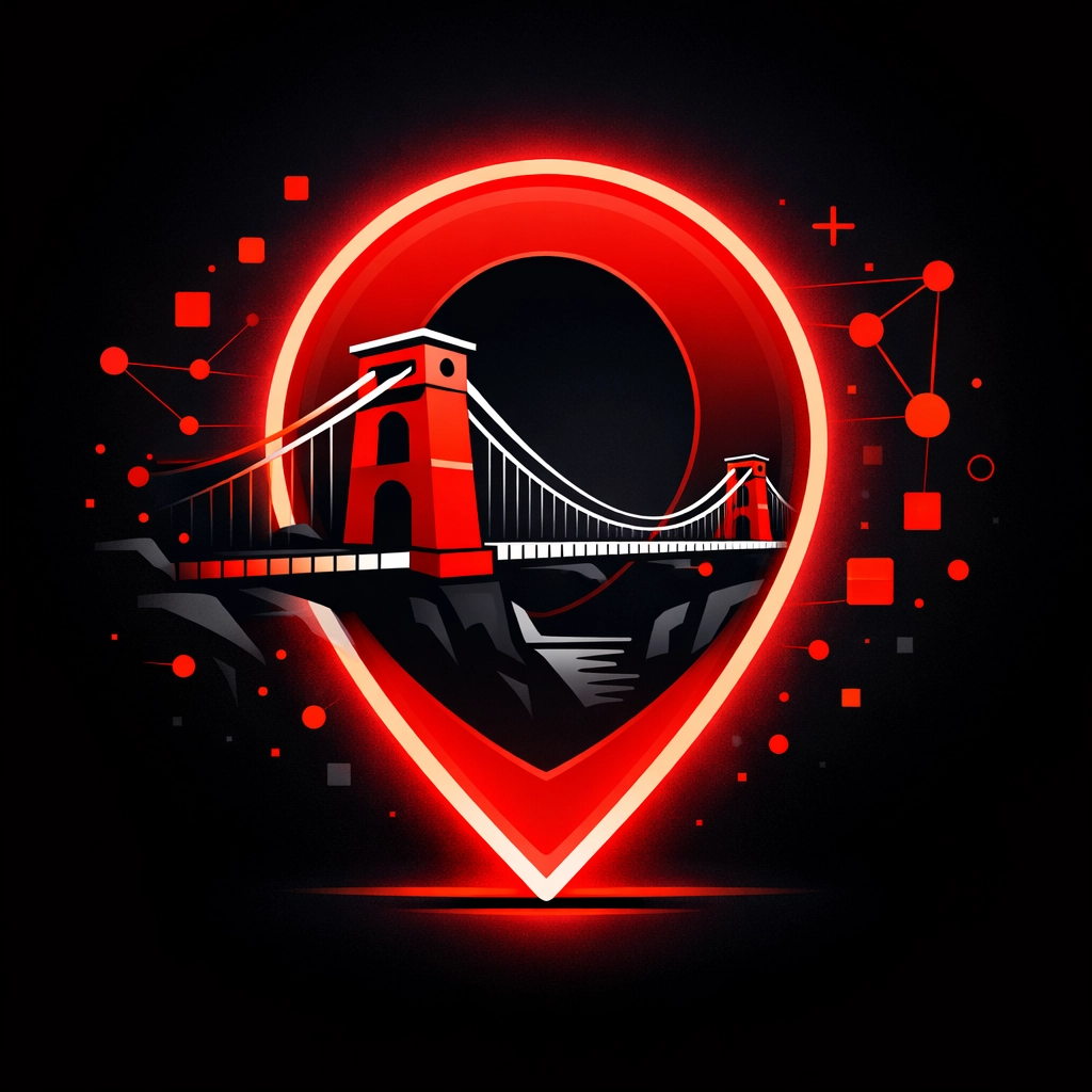 Digital illustration of Clifton Suspension Bridge in a location pin for Bristol local SEO.