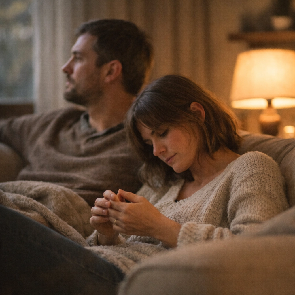 Párkapcsolati távolság és kommunikációs nehézségek merevedési zavar esetén egy kanapén ülve.