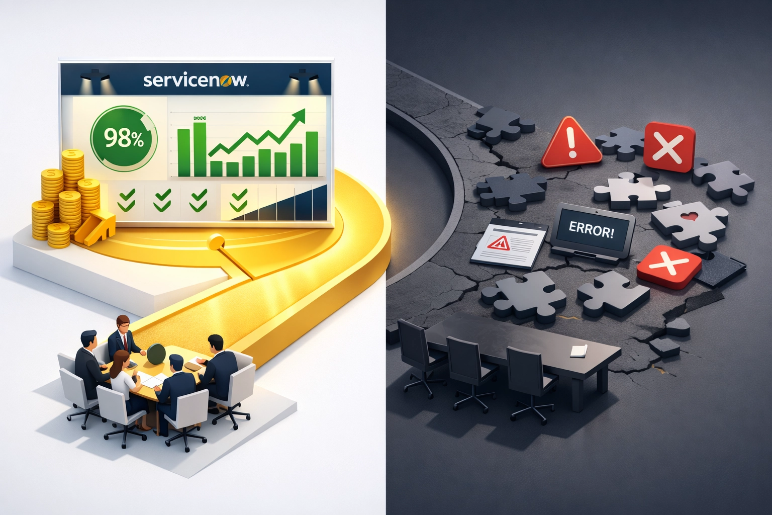 Two paths showing ServiceNow implementation partner impact on ITOM ROI and success metrics