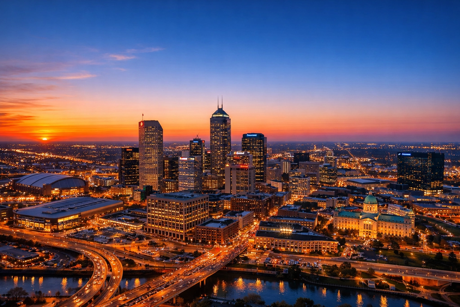 Indianapolis skyline at sunset highlighting metropolitan authority and regional logistics for Midwest portfolios.