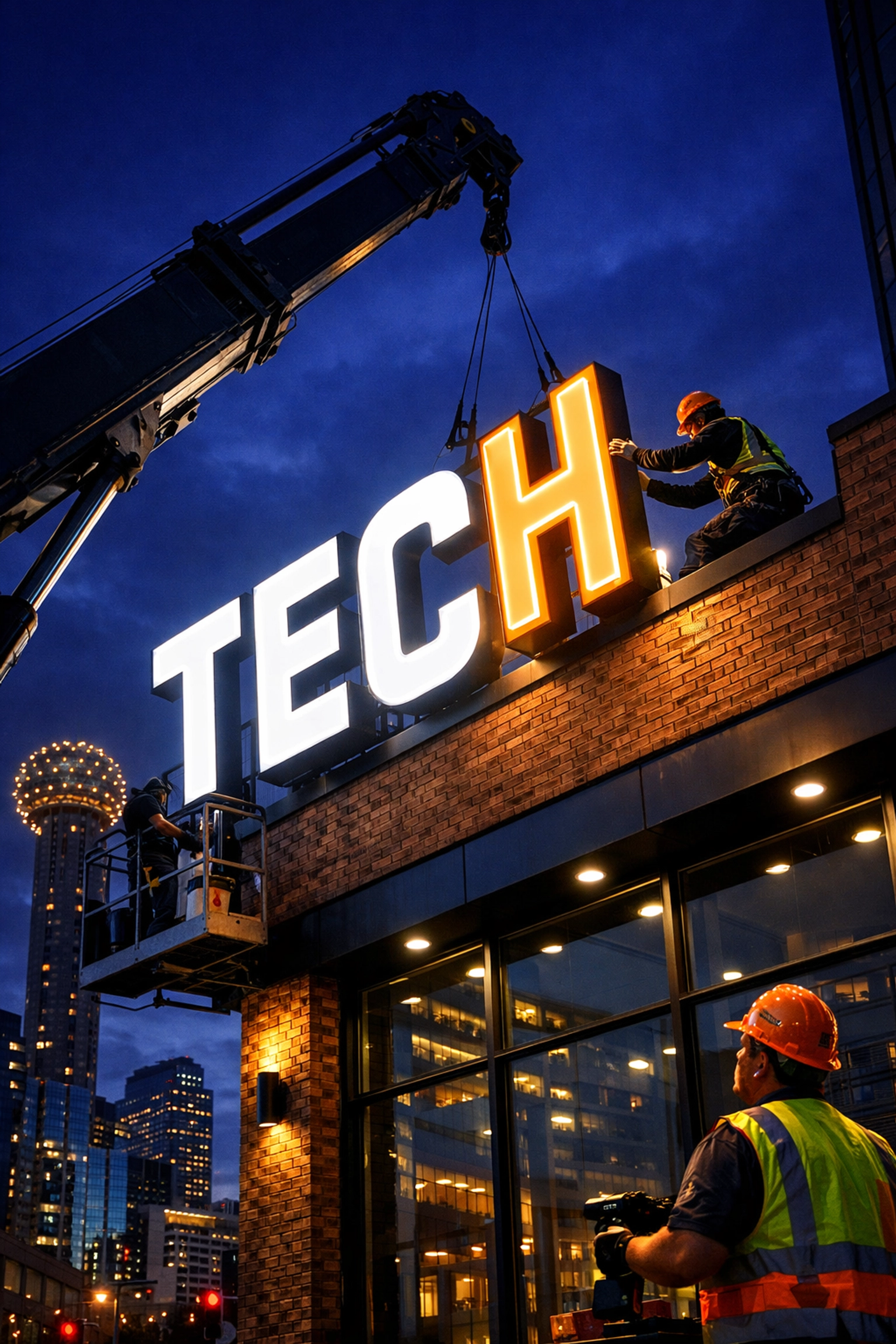 Professional installation of custom LED channel letters on a storefront in the Dallas Fort Worth area.
