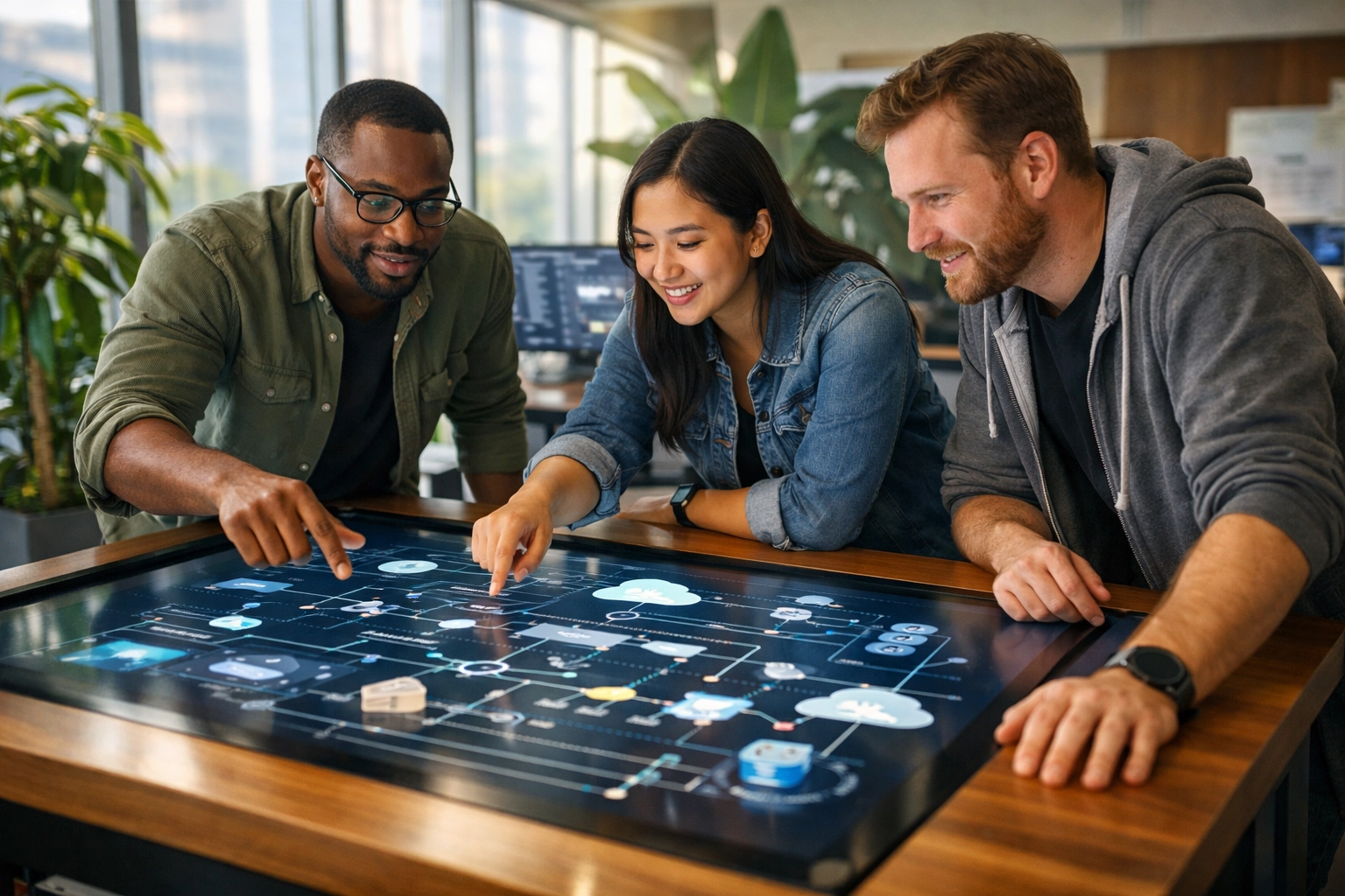 IT experts collaborating on a ServiceNow system architecture map for ITOM and ITSM integration.