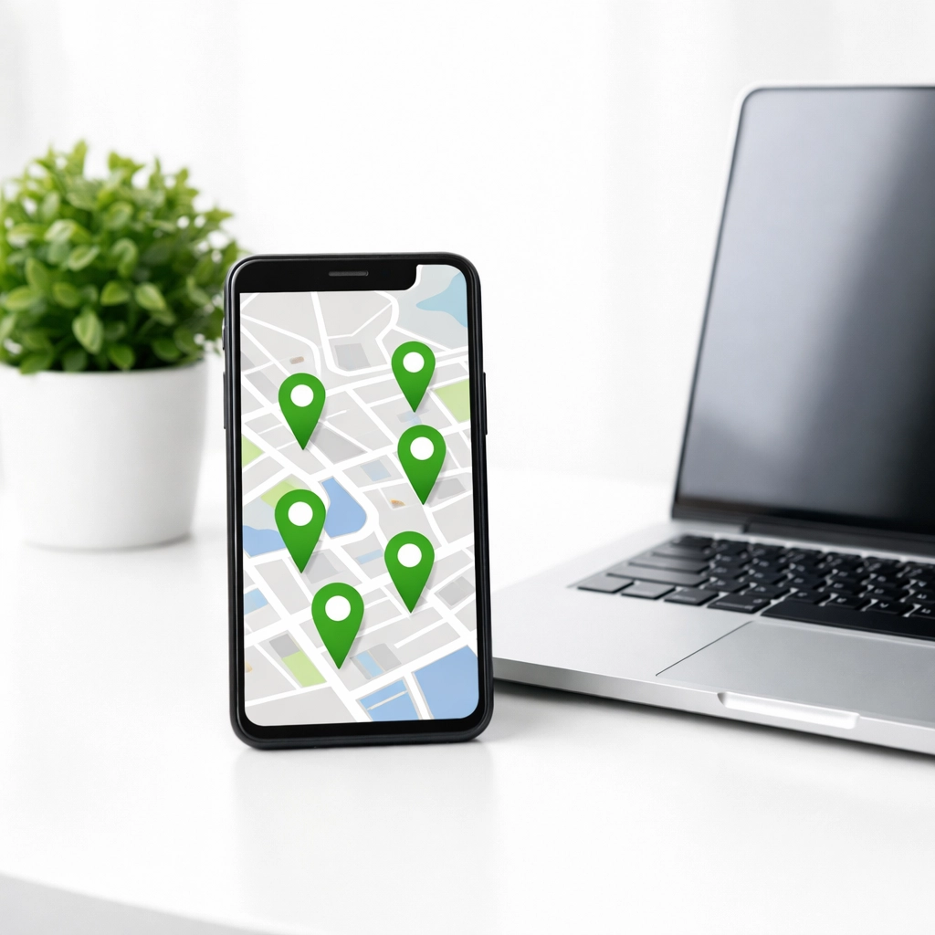 Smartphone displaying consistent business location pins on a map to improve local search rankings.