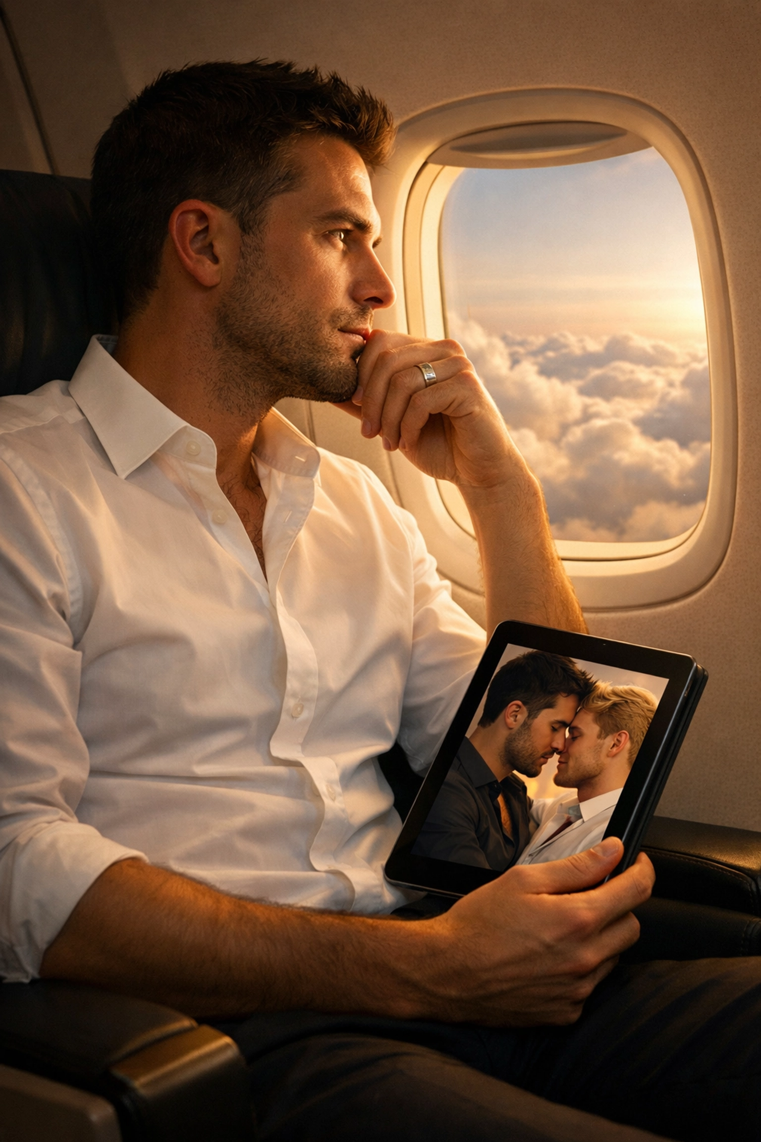 Gay business professional reading MM romance on tablet during business class flight