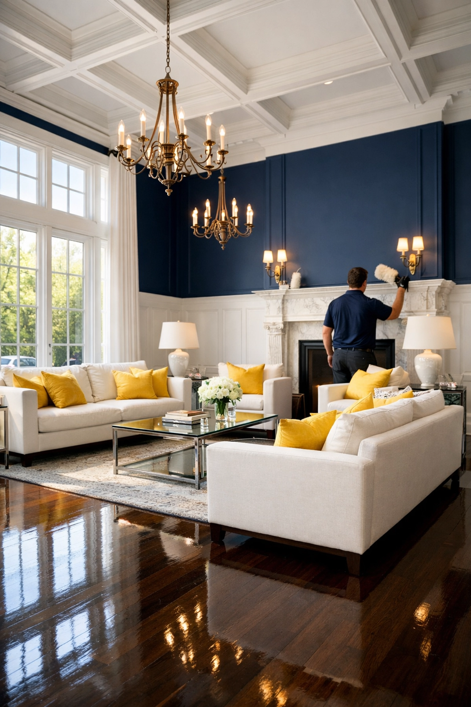 Professional residential cleaning Massachusetts service dusting a luxury living room in a Dover estate.