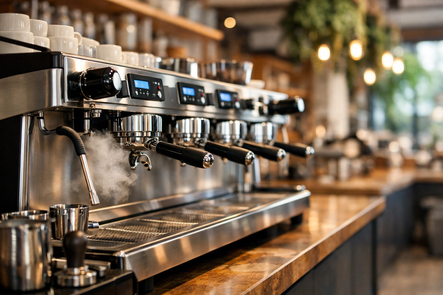 A high-quality professional espresso machine in a café, highlighting essential equipment for wholesale partners.