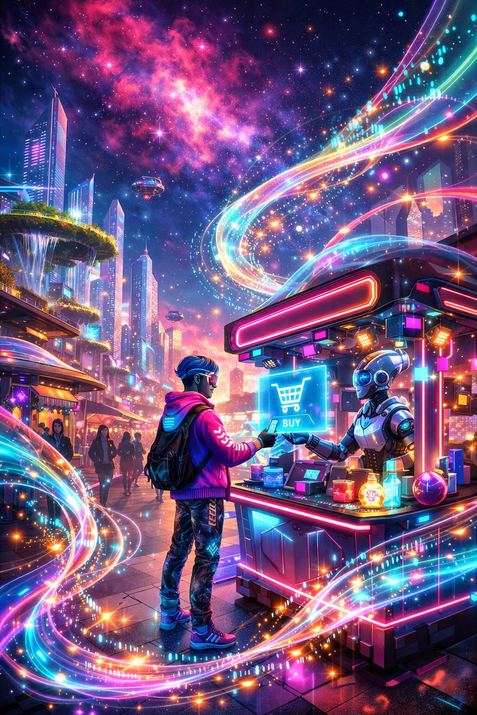 Global Web3 payments in the metaverse showing a digital avatar using a crypto POS system for commerce.