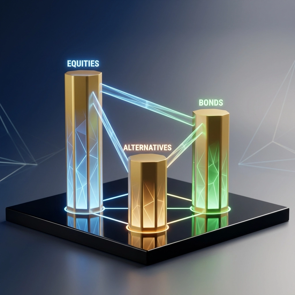 Three interconnected pillars symbolizing equities, bonds, and alternatives in a balanced 40/30/30 investment portfolio.