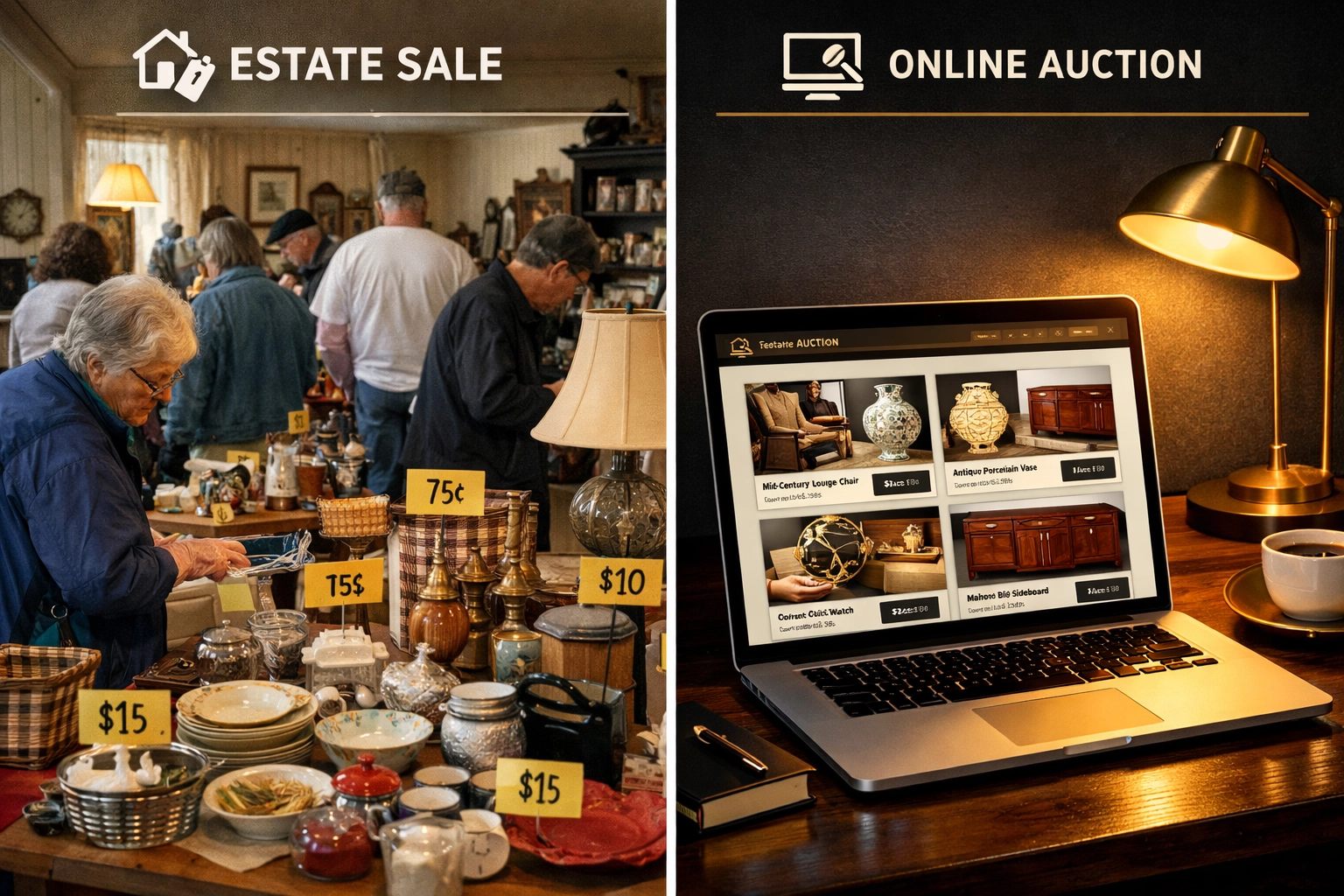 Traditional estate sale vs modern online auction interface comparison for Columbus families