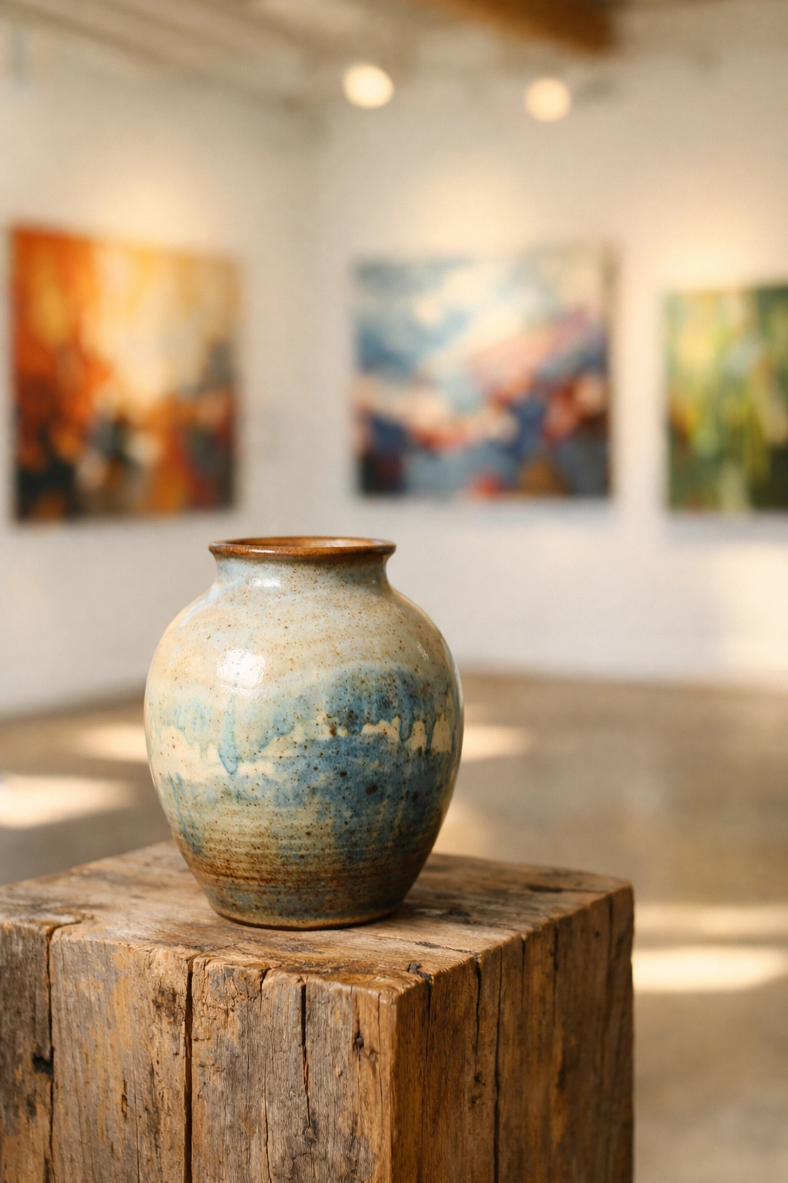 Contemporary art gallery display featuring a handcrafted ceramic vase and abstract paintings in Burlington.