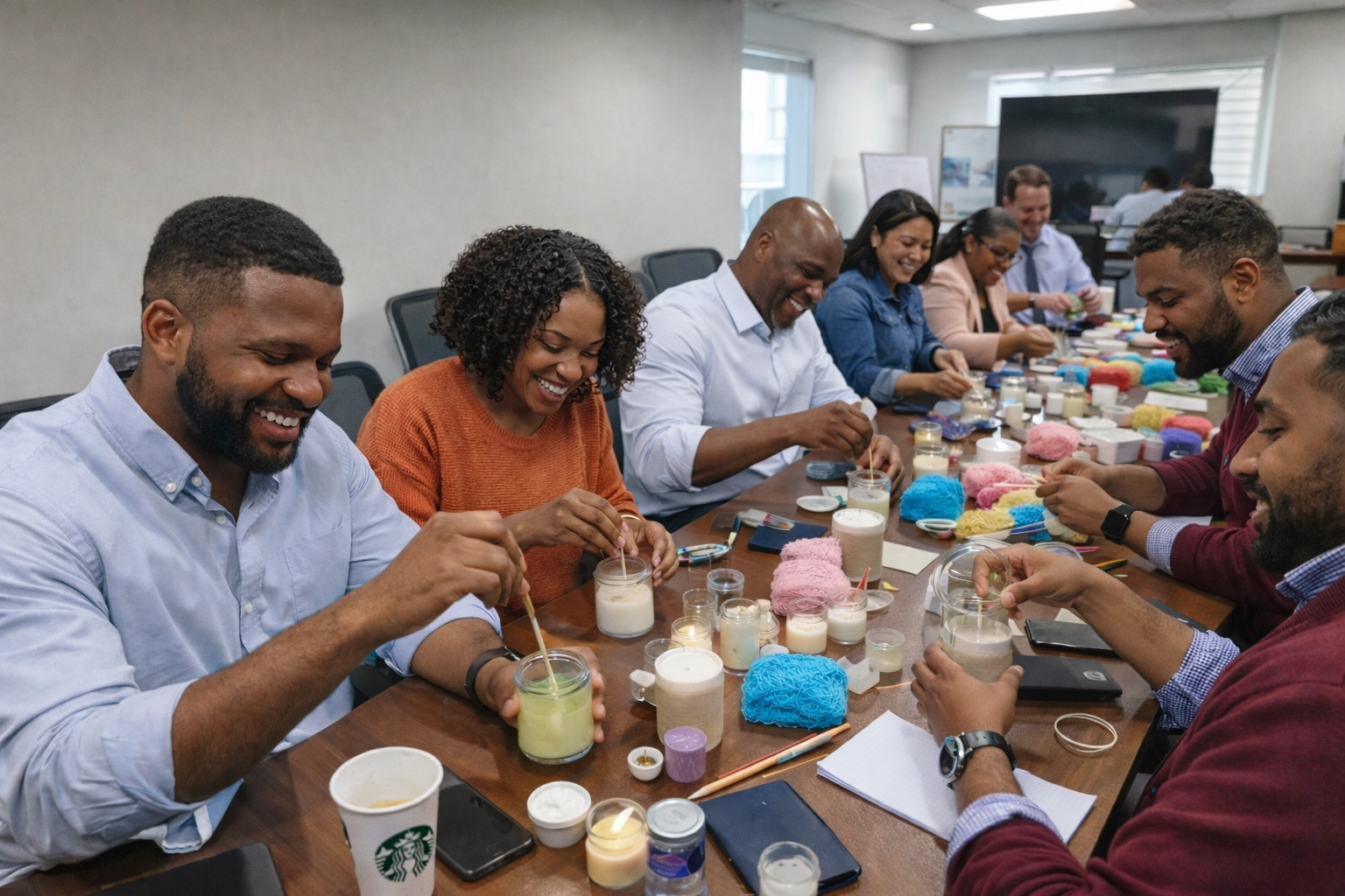 Corporate team building craft event in office conference room with coworkers making candles