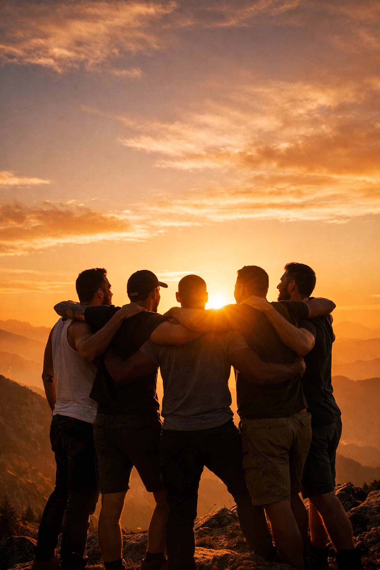 Gay men celebrating freedom and unity on mountaintop at sunset - LGBTQ+ brotherhood