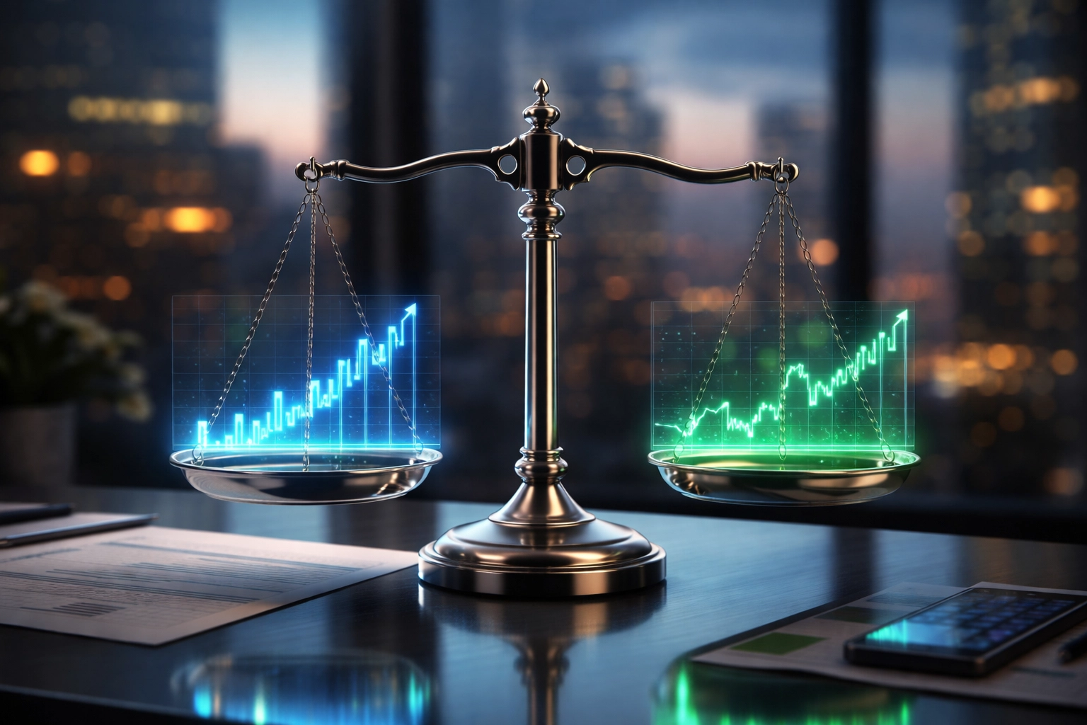 Balanced financial scale with glowing stock charts symbolizing market-neutral hedge fund strategies for 2026 risk mitigation