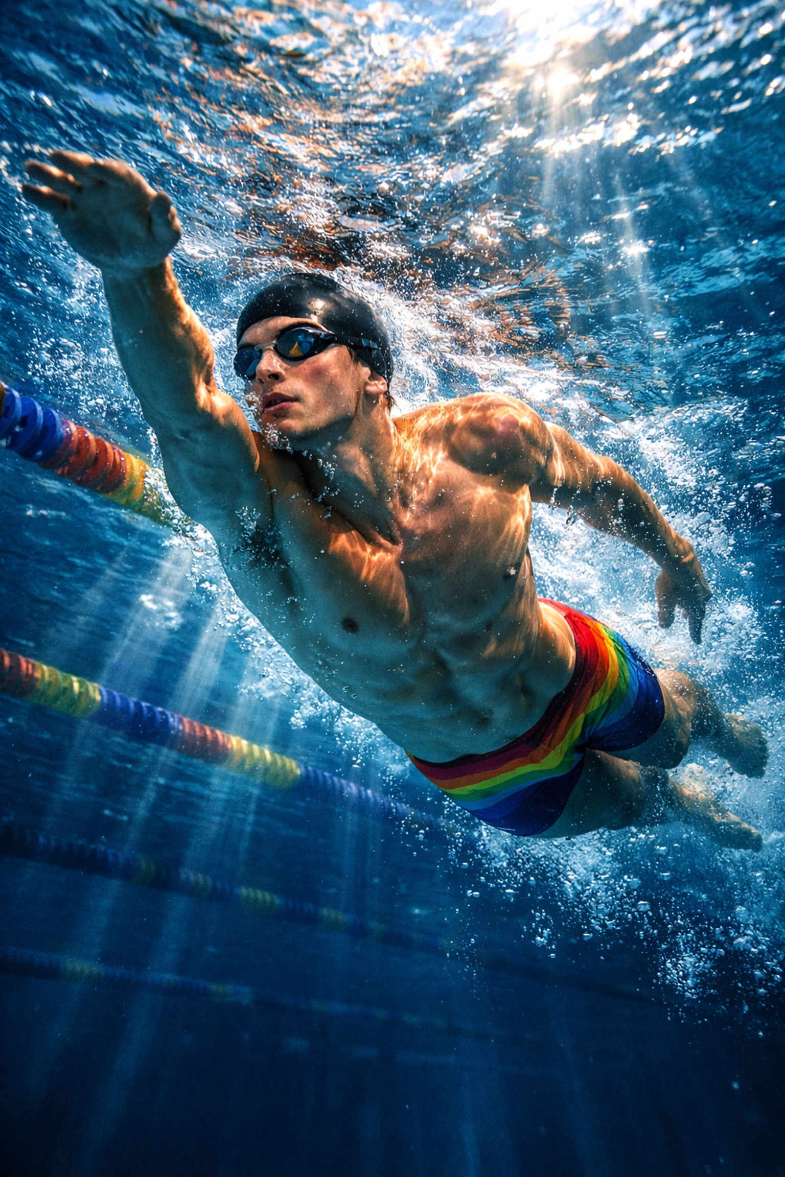 Gay swimmer training underwater in Olympic pool, representing competitive sports and authentic living