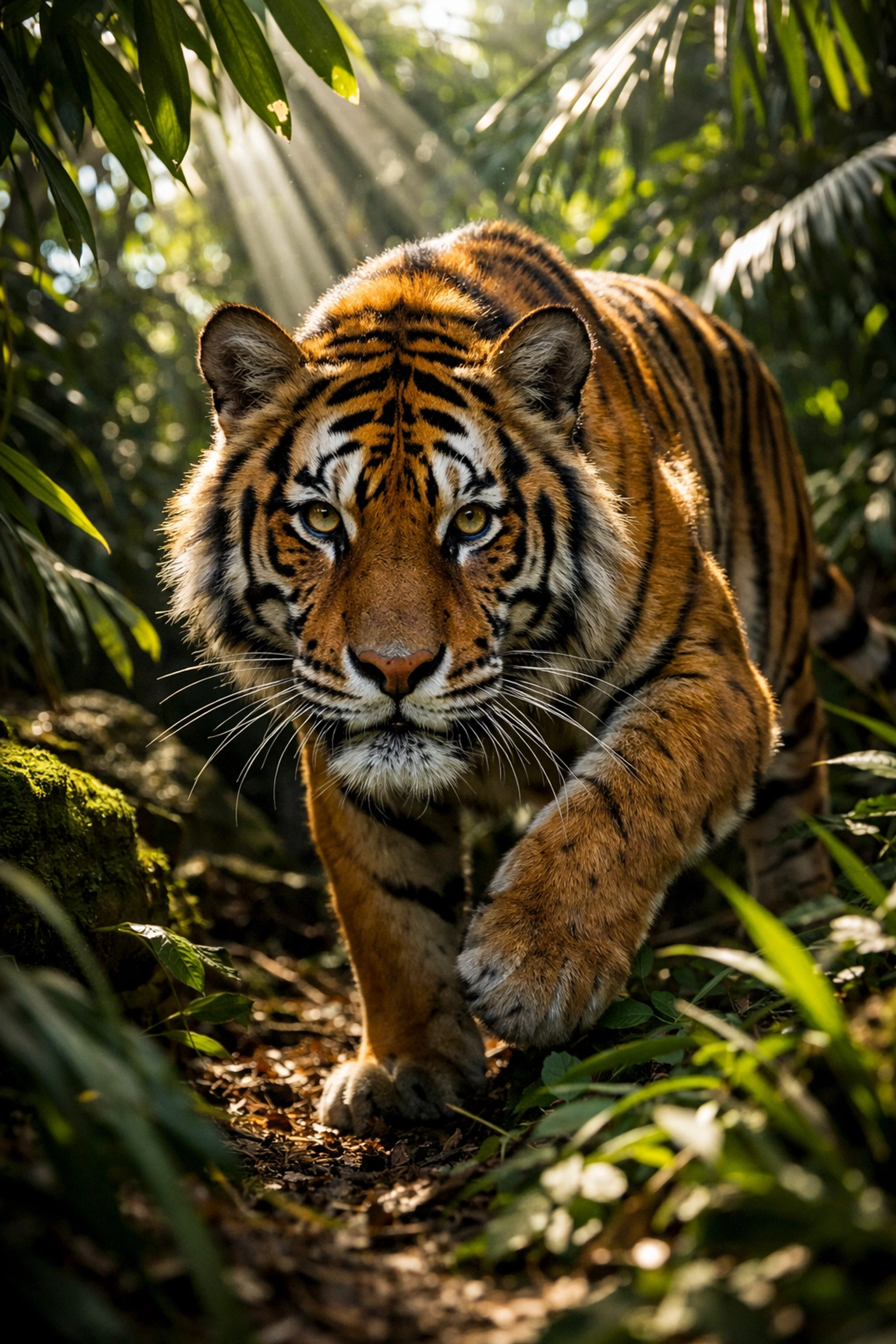 Wild tiger prowling in a lush tropical forest, ideal for conservation marketing campaigns.