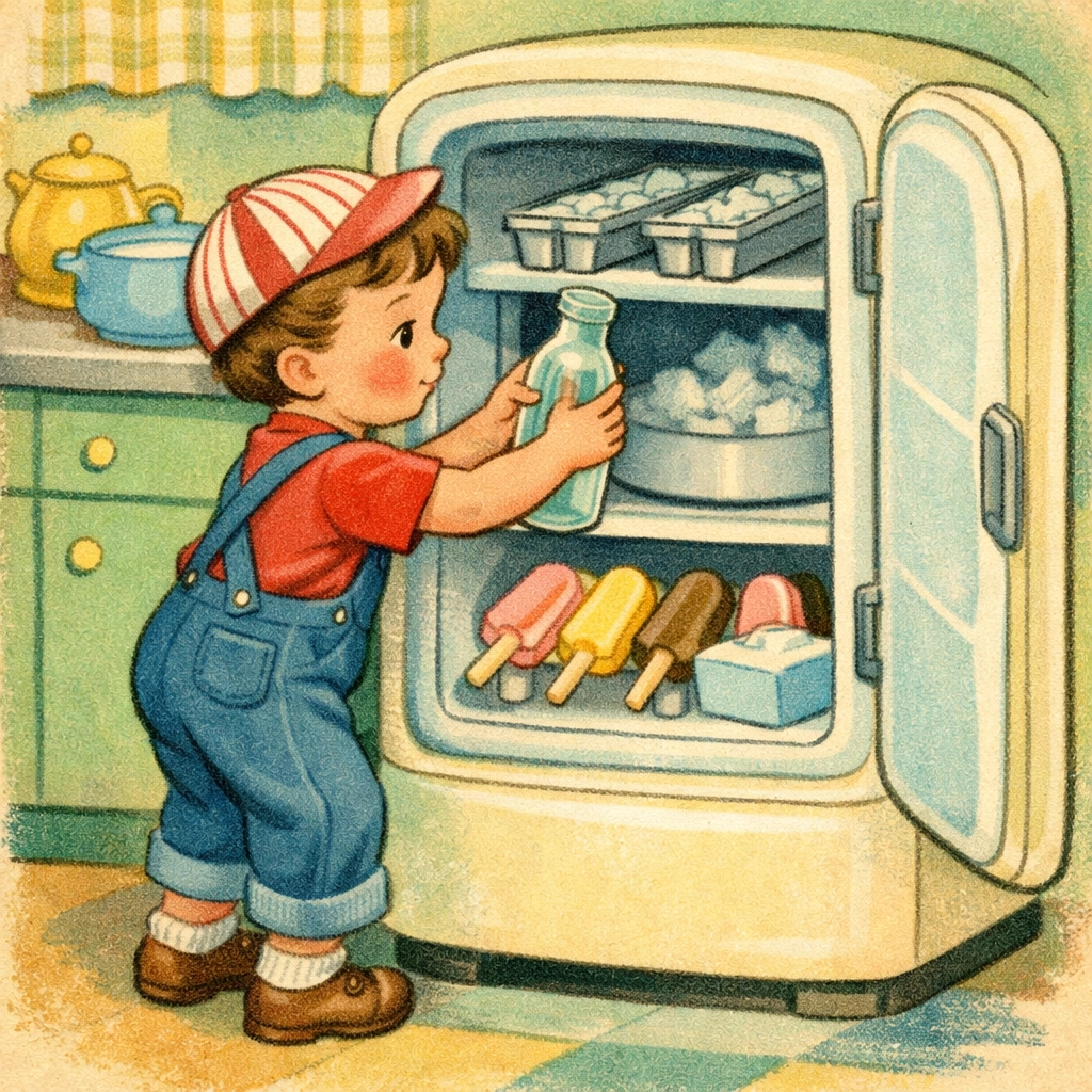 Child placing purified water bottle in freezer for instant ice supercooling experiment