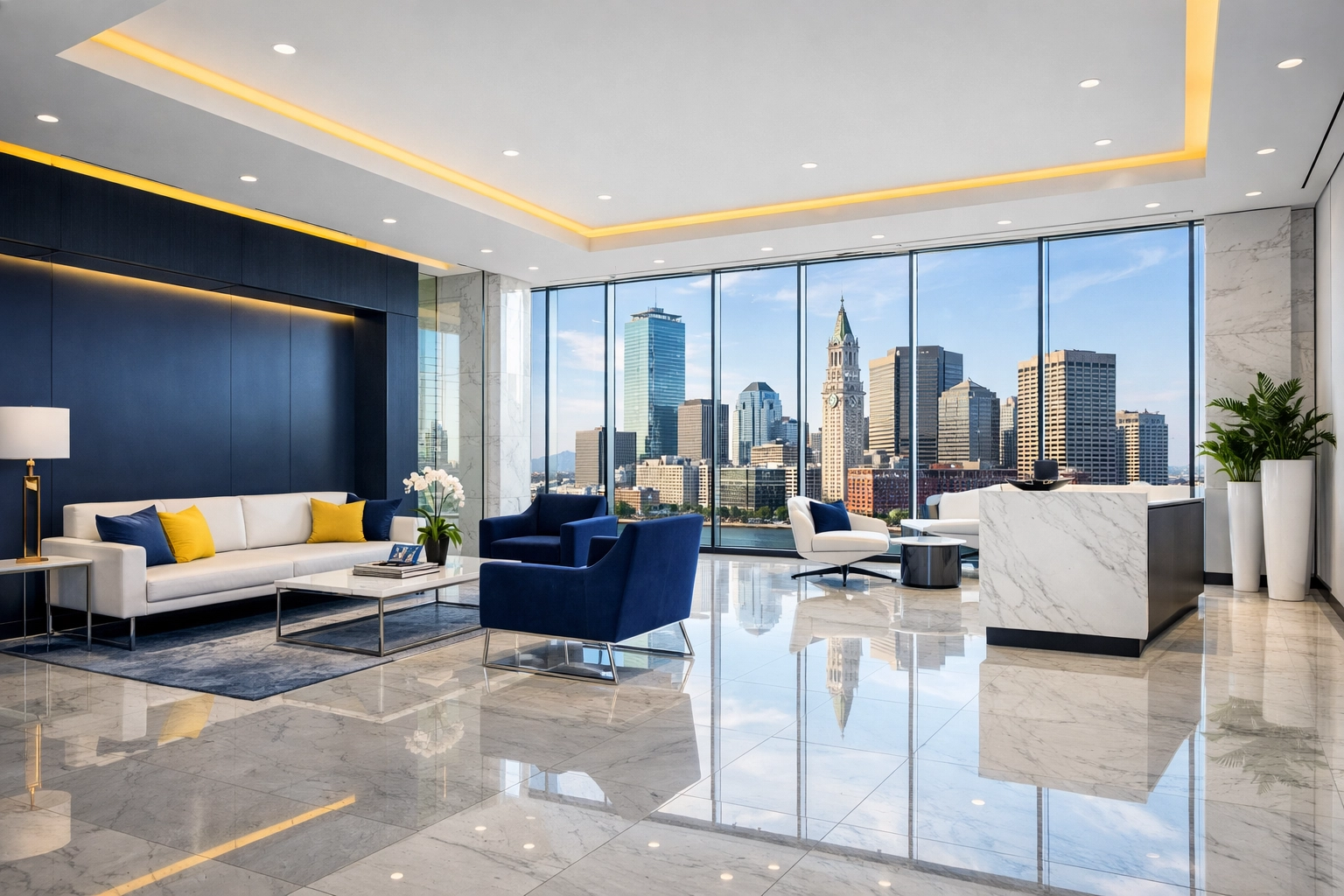 Pristine Boston office lobby clean and polished by professional janitorial services Massachusetts.