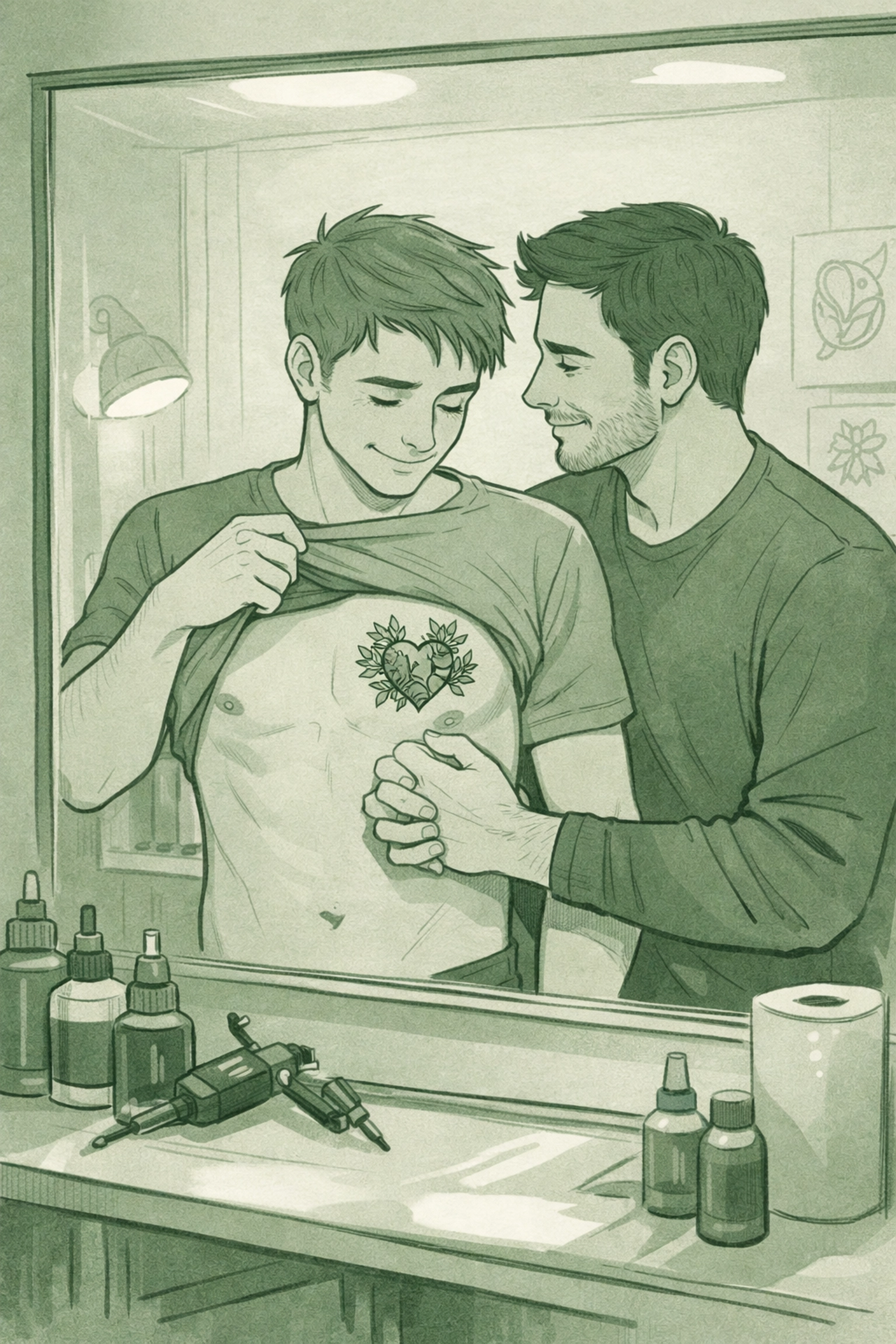 Gay men celebrating new chest tattoo over heart in tattoo studio, expressing authentic identity