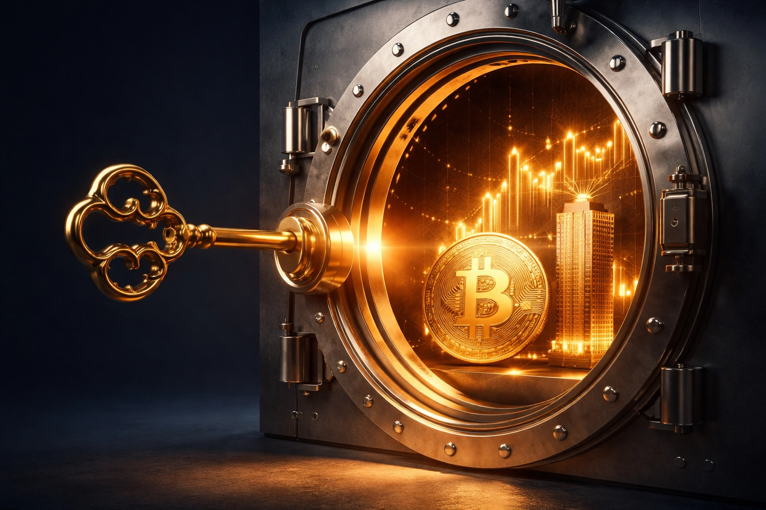 A golden key unlocking a vault filled with Bitcoin, real estate, and financial charts, symbolizing accredited investor access.