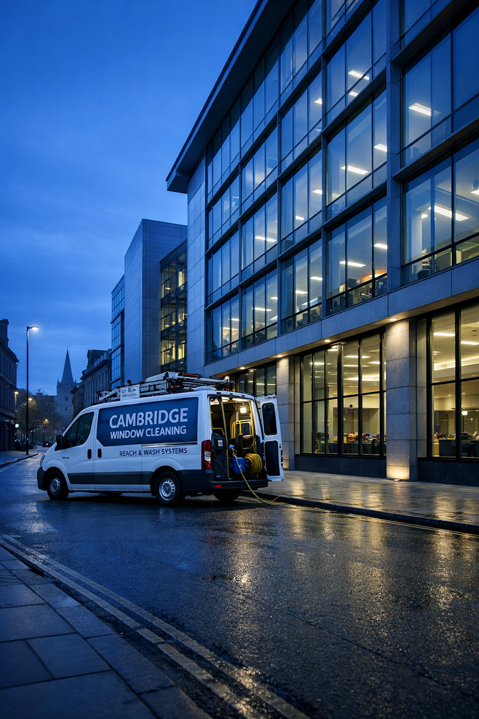 Window cleaning van at Cambridge city centre office building during early morning service