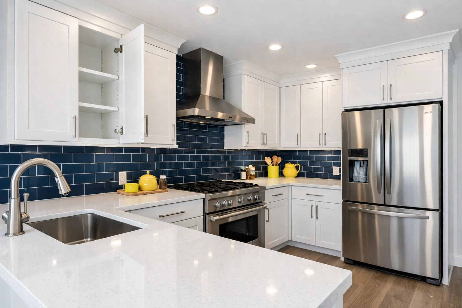 Spotless modern kitchen with white cabinetry after professional move-in/move-out cleaning in Lowell.