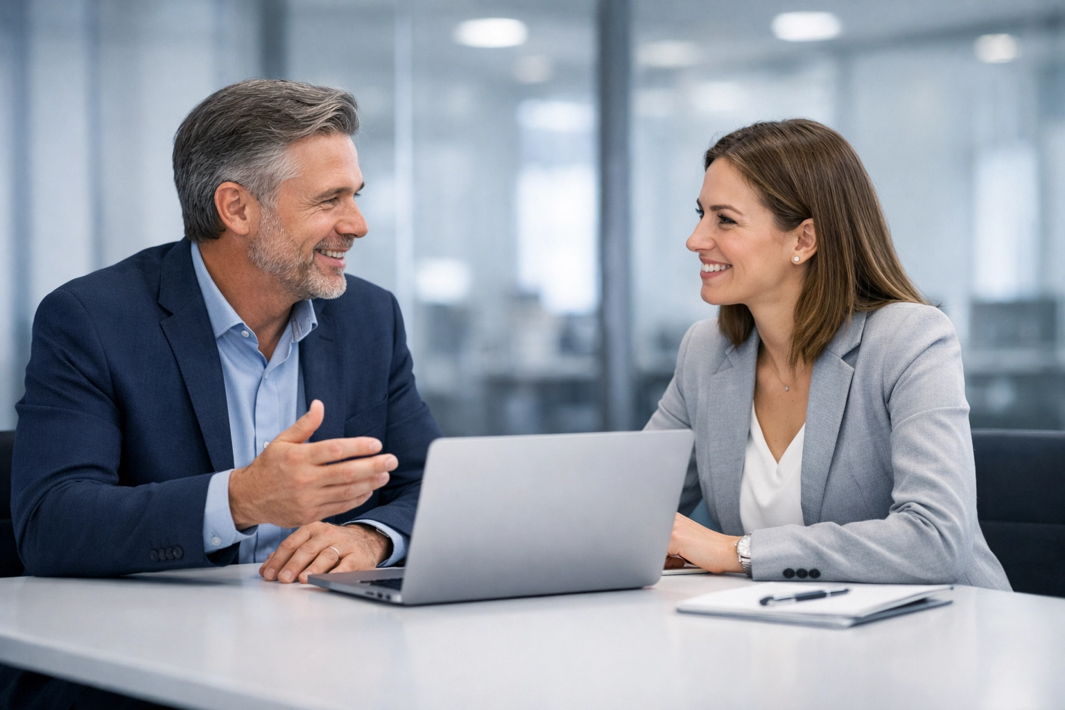 Collaborative sales coaching session between a manager and representative in a professional setting.