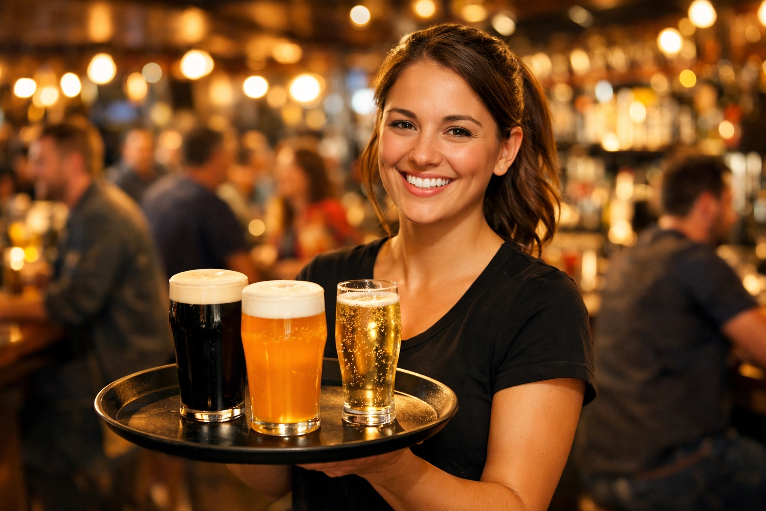 A tray of diverse beer and cider styles served in a busy pub using reliable cellar gas solutions.