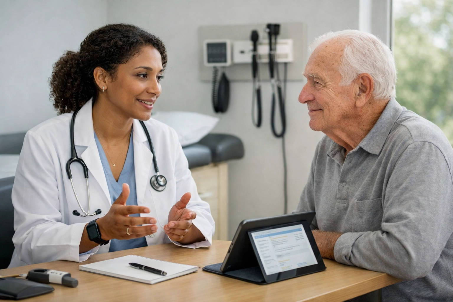 Physician talking to an elderly patient in a U.S. outpatient exam room to emphasize human connection in healthcare AI implementation.