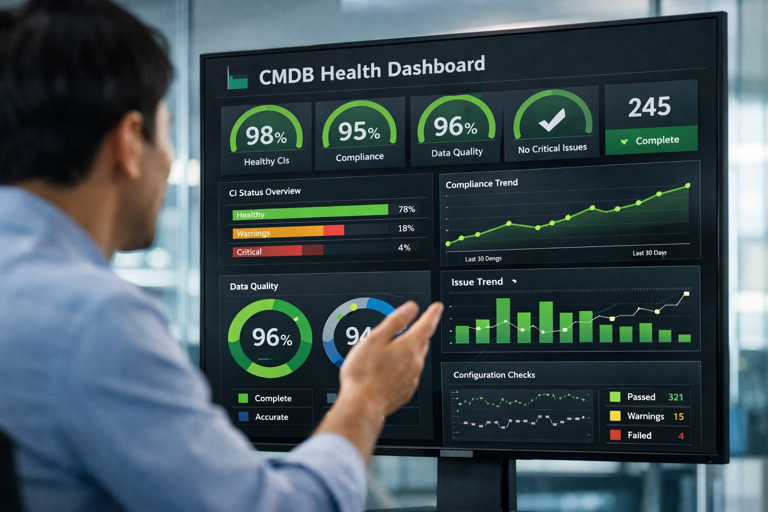 IT analyst monitoring ServiceNow CMDB health dashboard with real-time metrics and compliance reporting