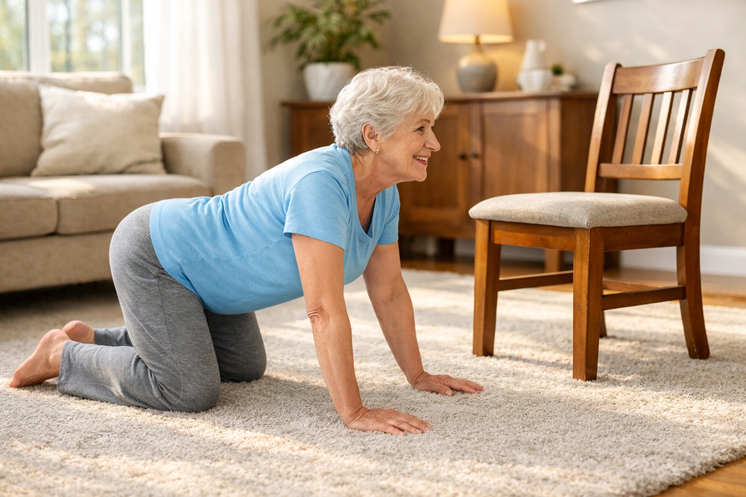 Senior woman on hands and knees crawling toward sturdy chair after fall for safe recovery