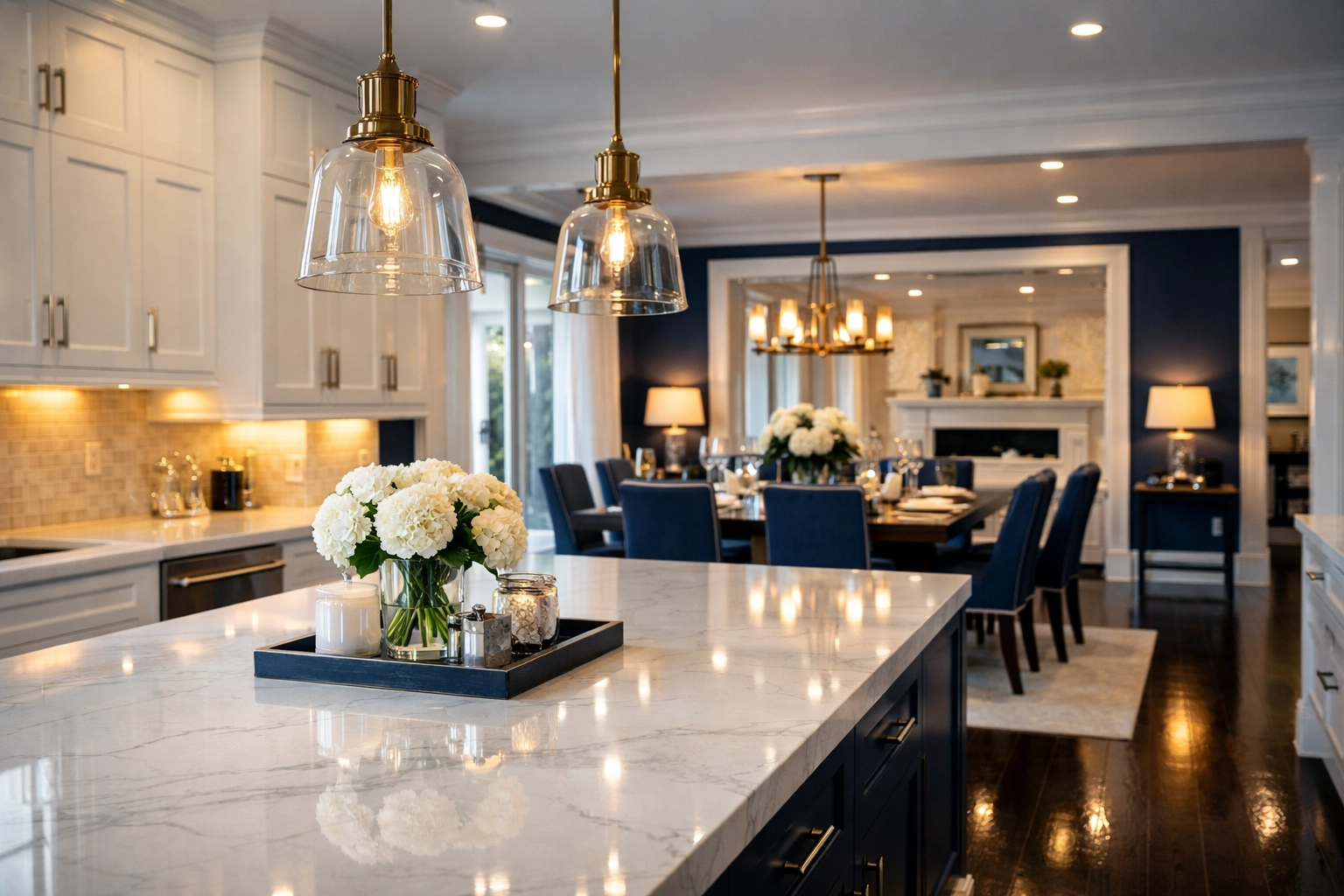 Spotless kitchen island and dining area demonstrating thorough House Cleaning Braintree MA for new move-ins.