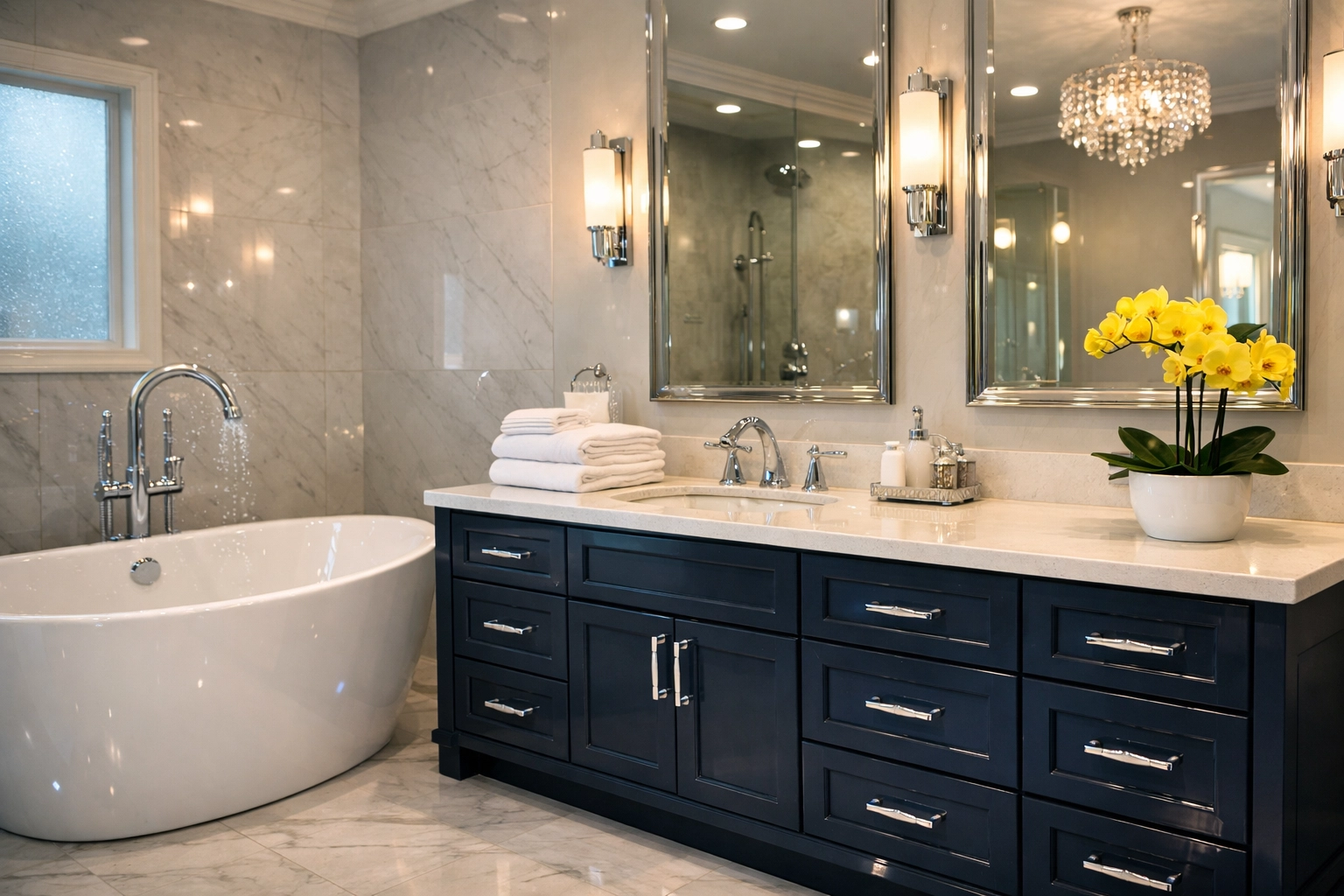 A sparkling clean luxury bathroom in Westborough following a recurring house cleaning service.