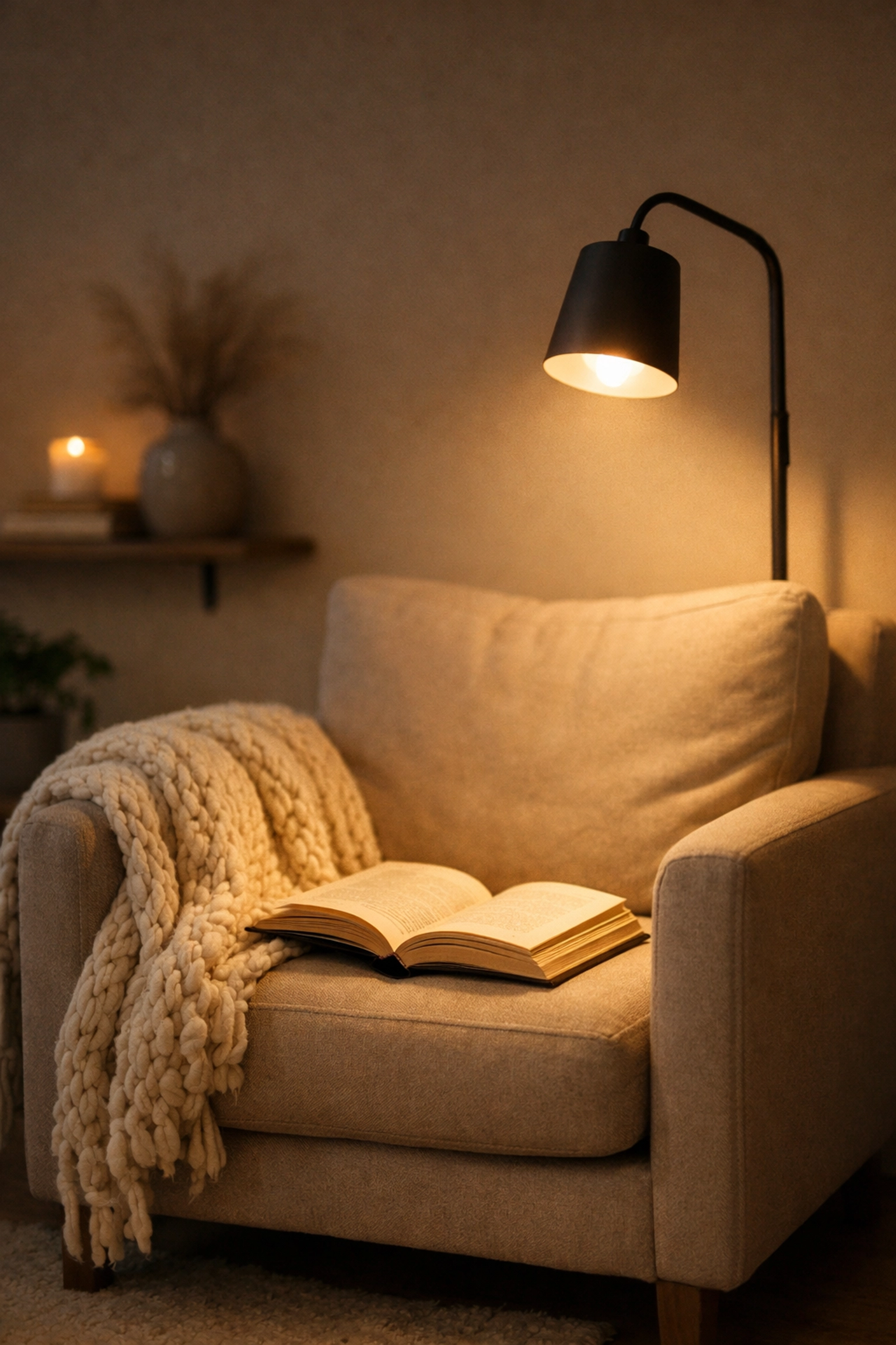 Cozy reading nook with a warm lamp, perfect for a calming evening wind-down routine in recovery.
