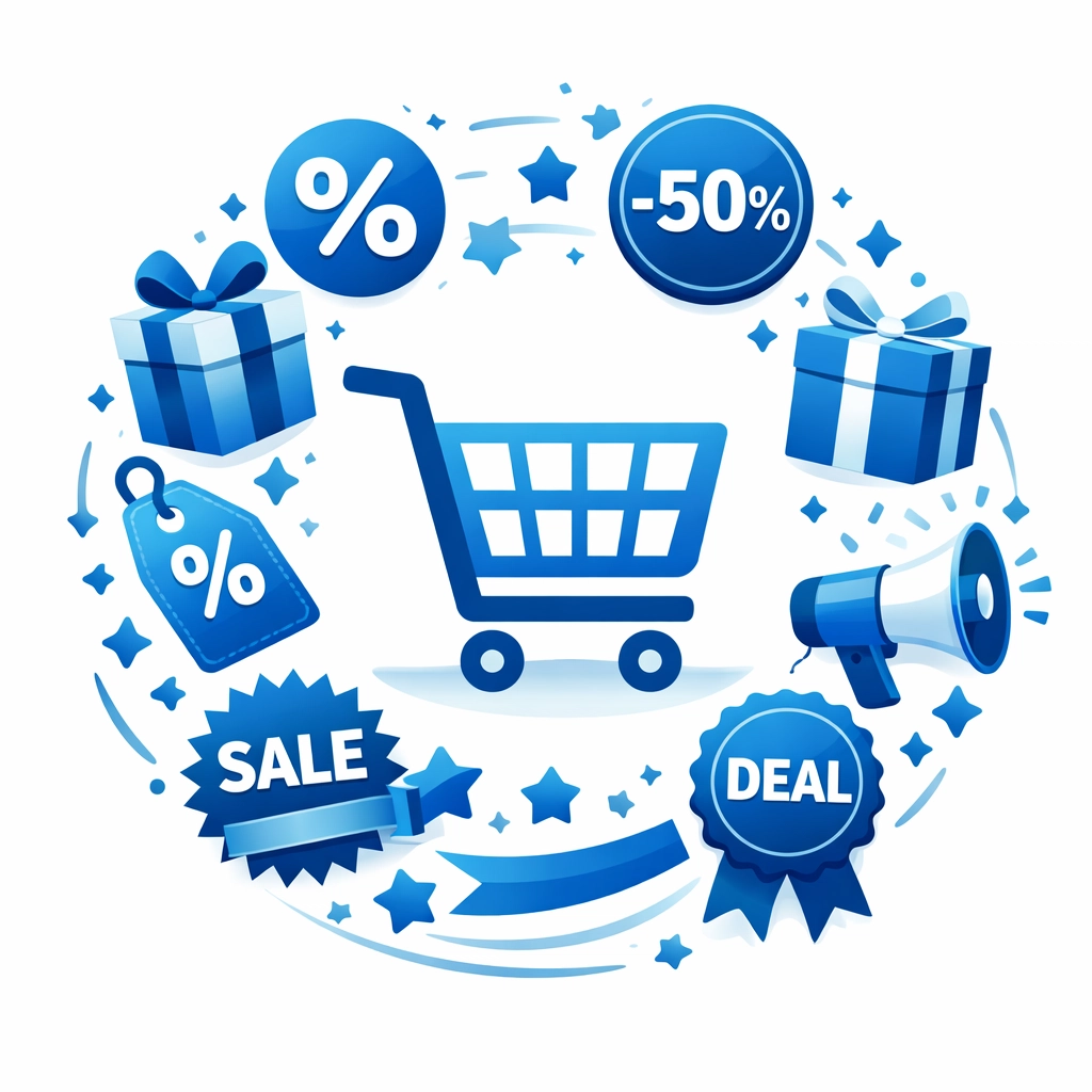 Shopping cart surrounded by promotional offers, discounts, and special deal badges