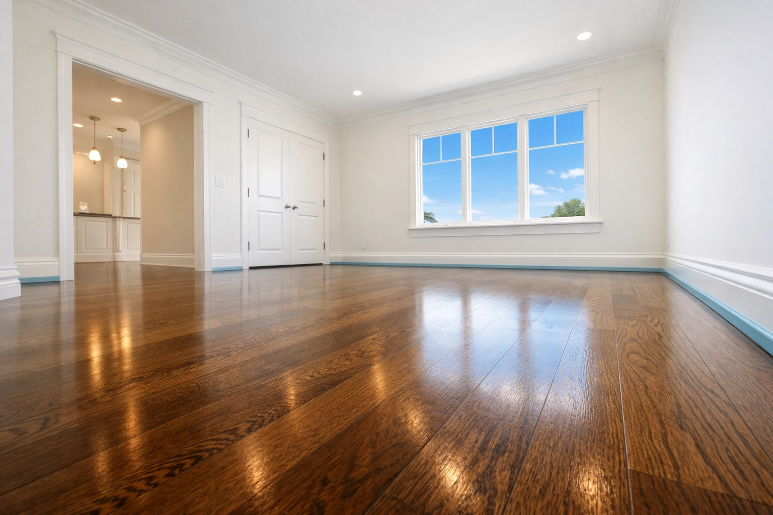 Spotless bedroom with shiny hardwood floors ready for move-in cleaning in Northborough Massachusetts.