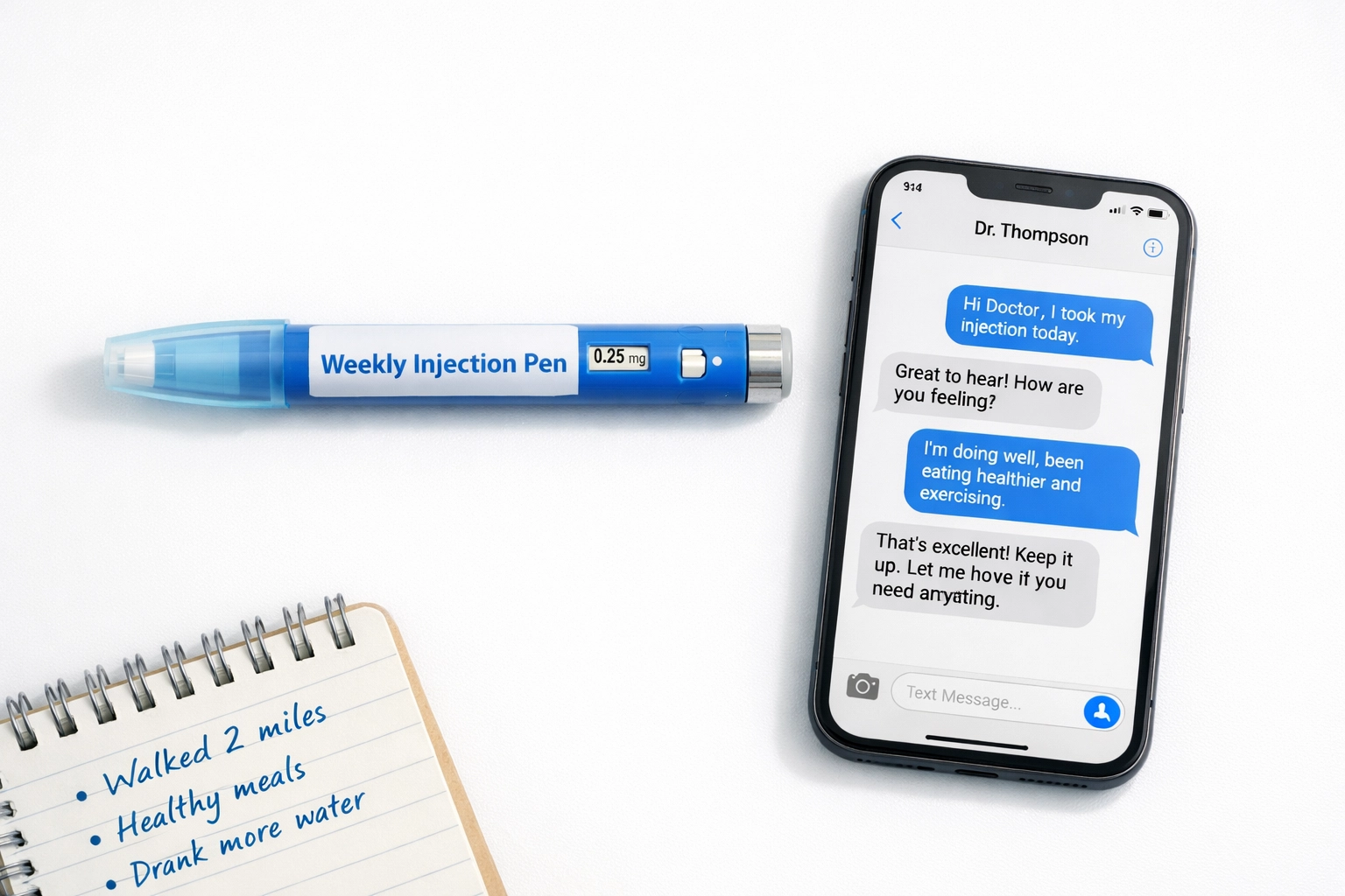 Weekly GLP-1 injection pen next to smartphone showing doctor text consultation for treatment