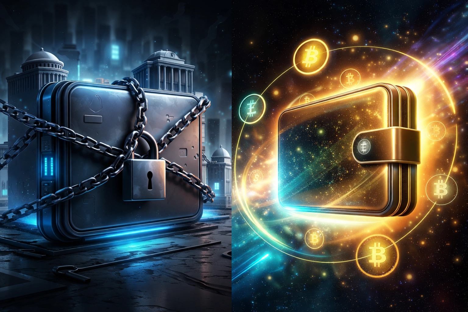 Comparison of crypto wallets showing one locked to traditional banks and another free in space, highlighting Larecoin’s self-custody payment benefits for small business.