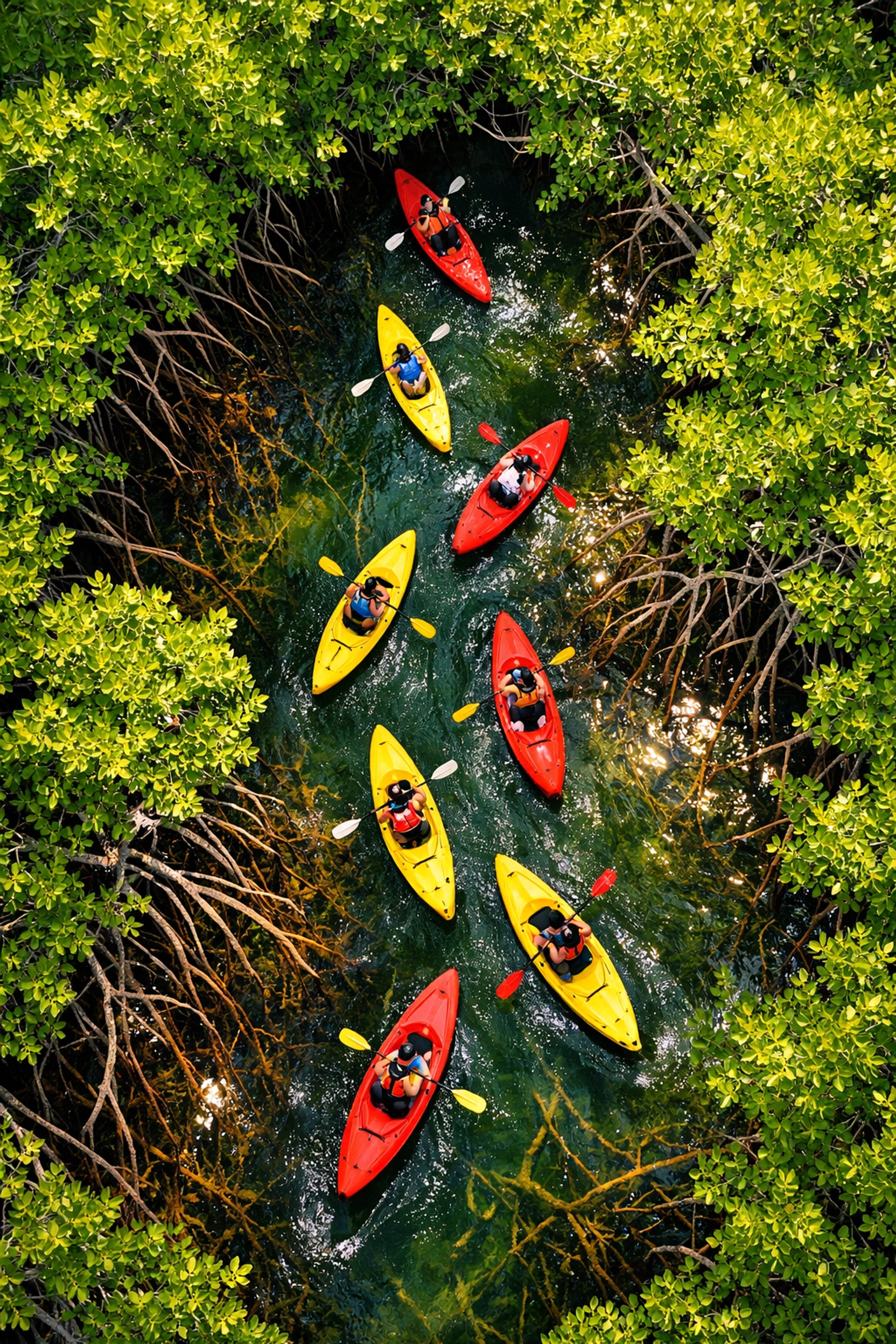 Student group kayaking through mangrove channels during Florida Keys educational trip