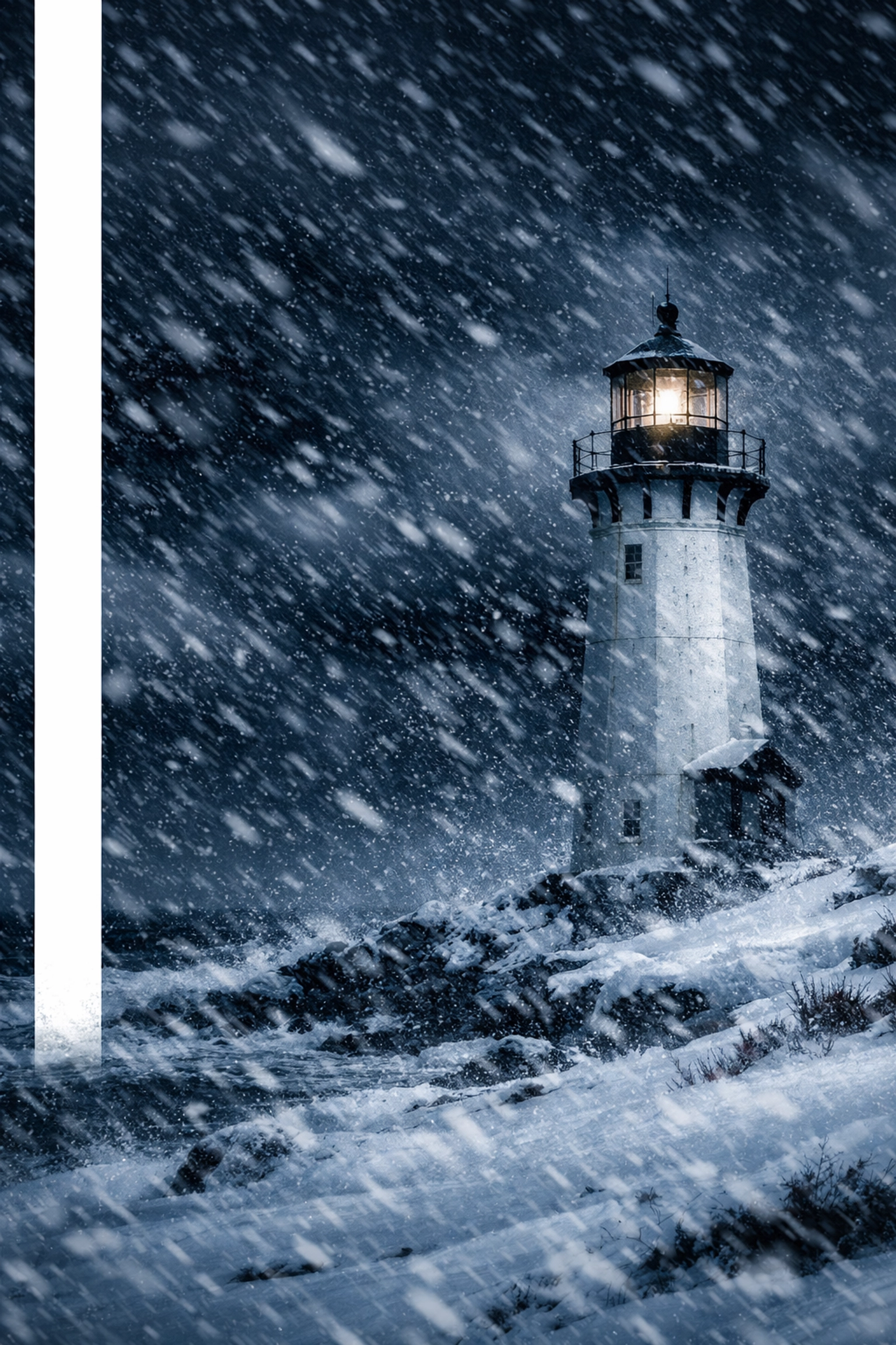 A coastal Maritime lighthouse during a severe winter blizzard and snow storm in Atlantic Canada.