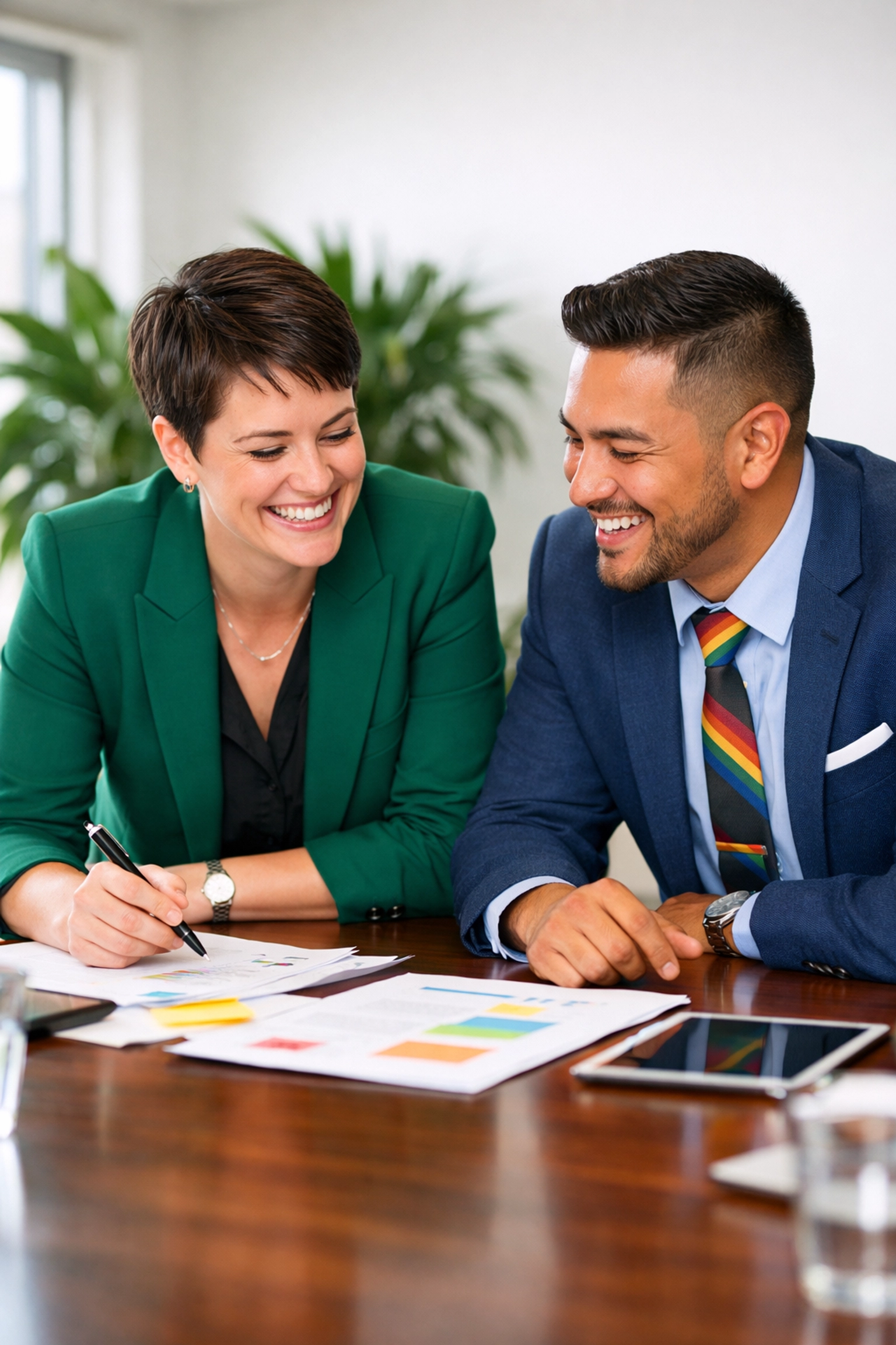 LGBTQ+ professionals collaborating in a modern office, exemplifying authentic queer leadership and professional growth.