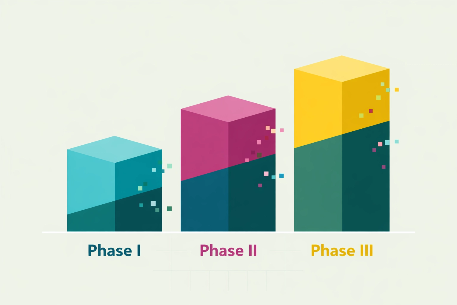 Minimalist flat-design three-step roadmap blocks (Phase I, Phase II, Phase III) with duotone overlay and pixel-glitch accents in MM Sanford brand colors.