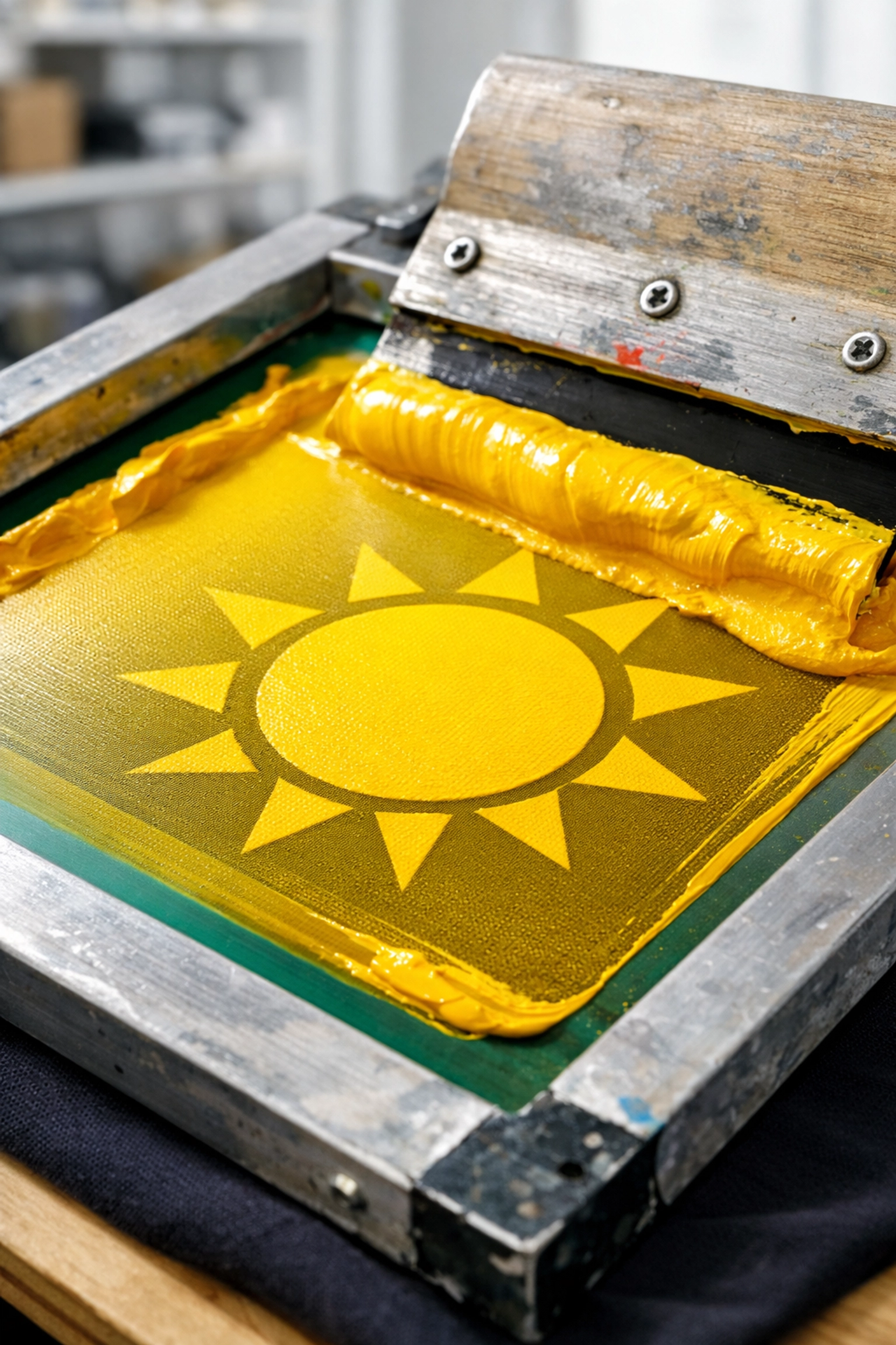 Close-up of a professional screen printing screen applying a simple one-color custom design.