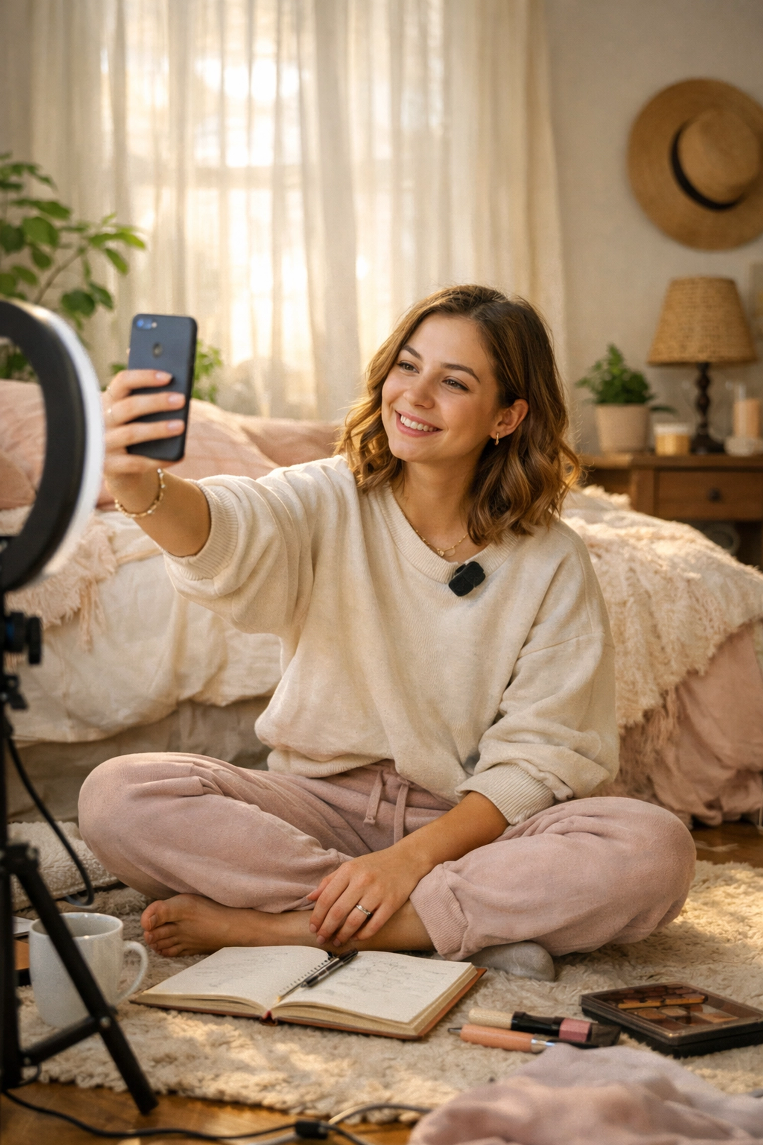 Content creator recording authentic Instagram Reel in casual home setting with natural light