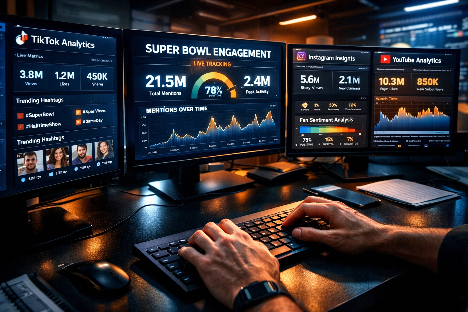 Sports marketing command center displaying real-time Super Bowl fan sentiment analytics across social media platforms