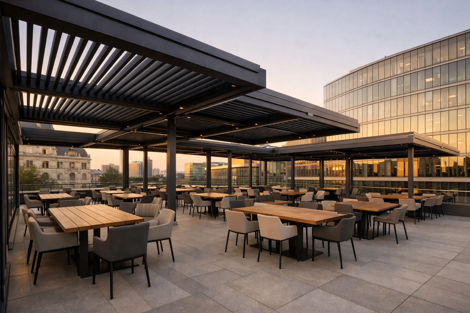 Großflächiges Lamellendach für die Gastronomie in Wien zur wetterunabhängigen Nutzung der Terrasse.